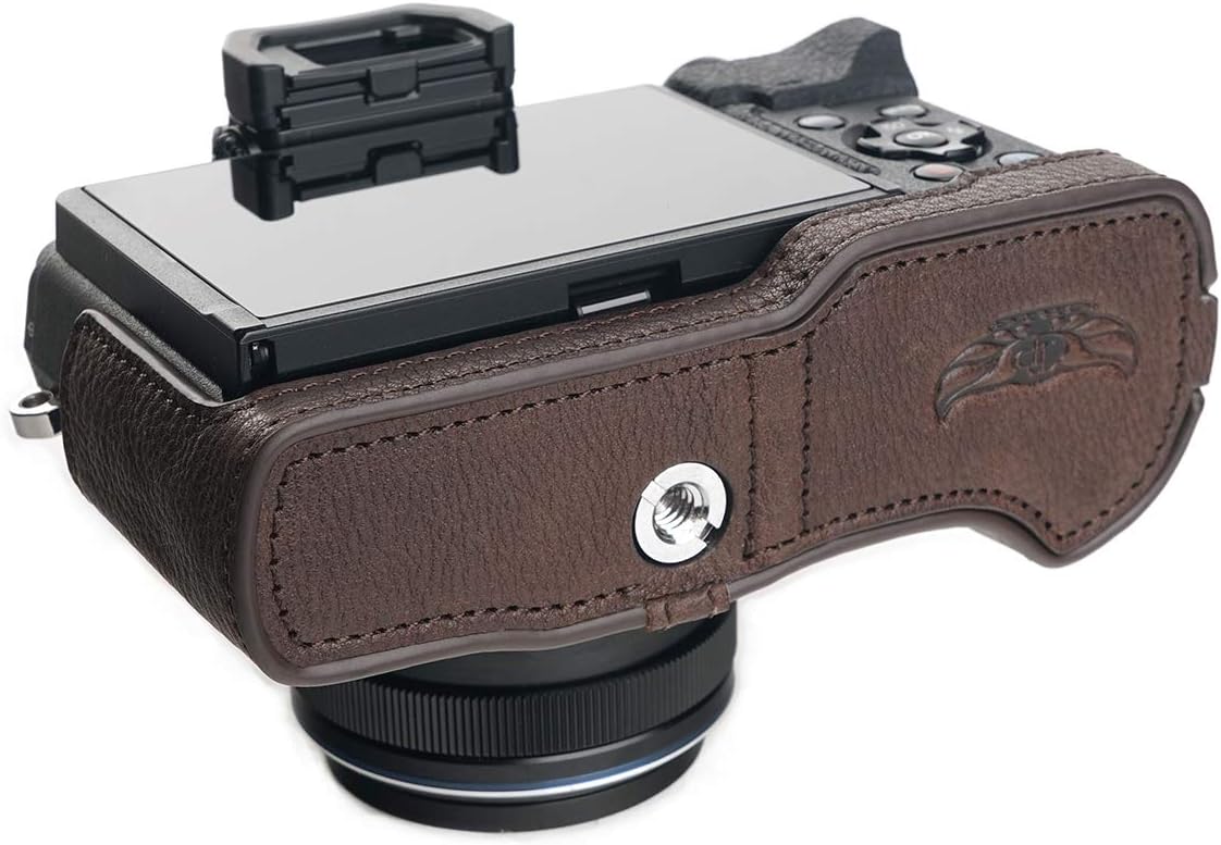 E-M10 Mark IV Camera Case, BolinUS Handmade Genuine Real Leather Half Camera Case Bag Cover for Olympus OM-D E-M10 Mark IV 4 Camera Bottom Opening Version + Hand Strap (Coffee)