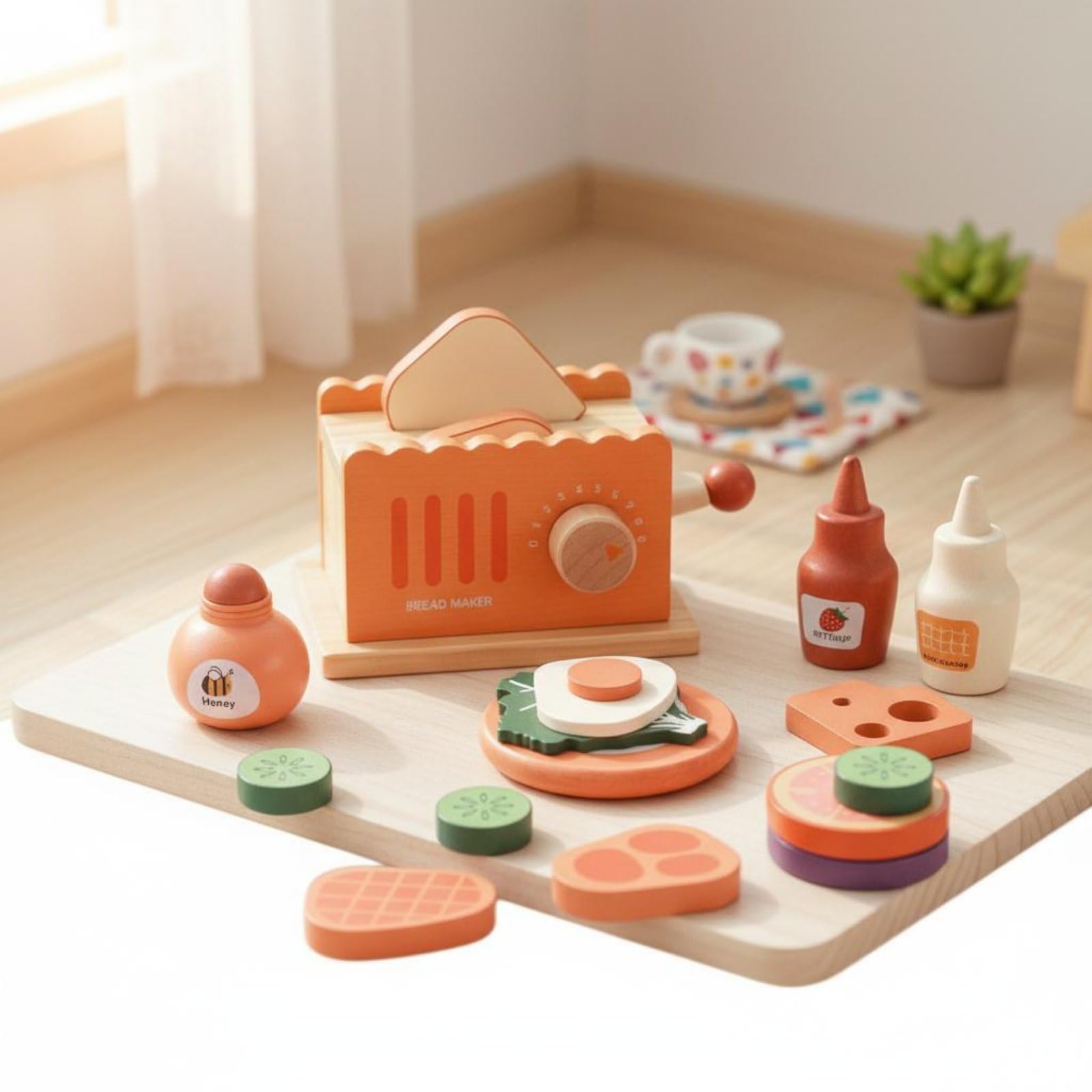 Amagogo Cucina Giocattolo Bambini Set Colazione Finta Tostapane Pane Ingredienti Cibo Gioco Legno Educativo Manuale Interattivo Leva Girevole Adatto per Gioco di Ruolo Apprendimento Casa Cameretta
