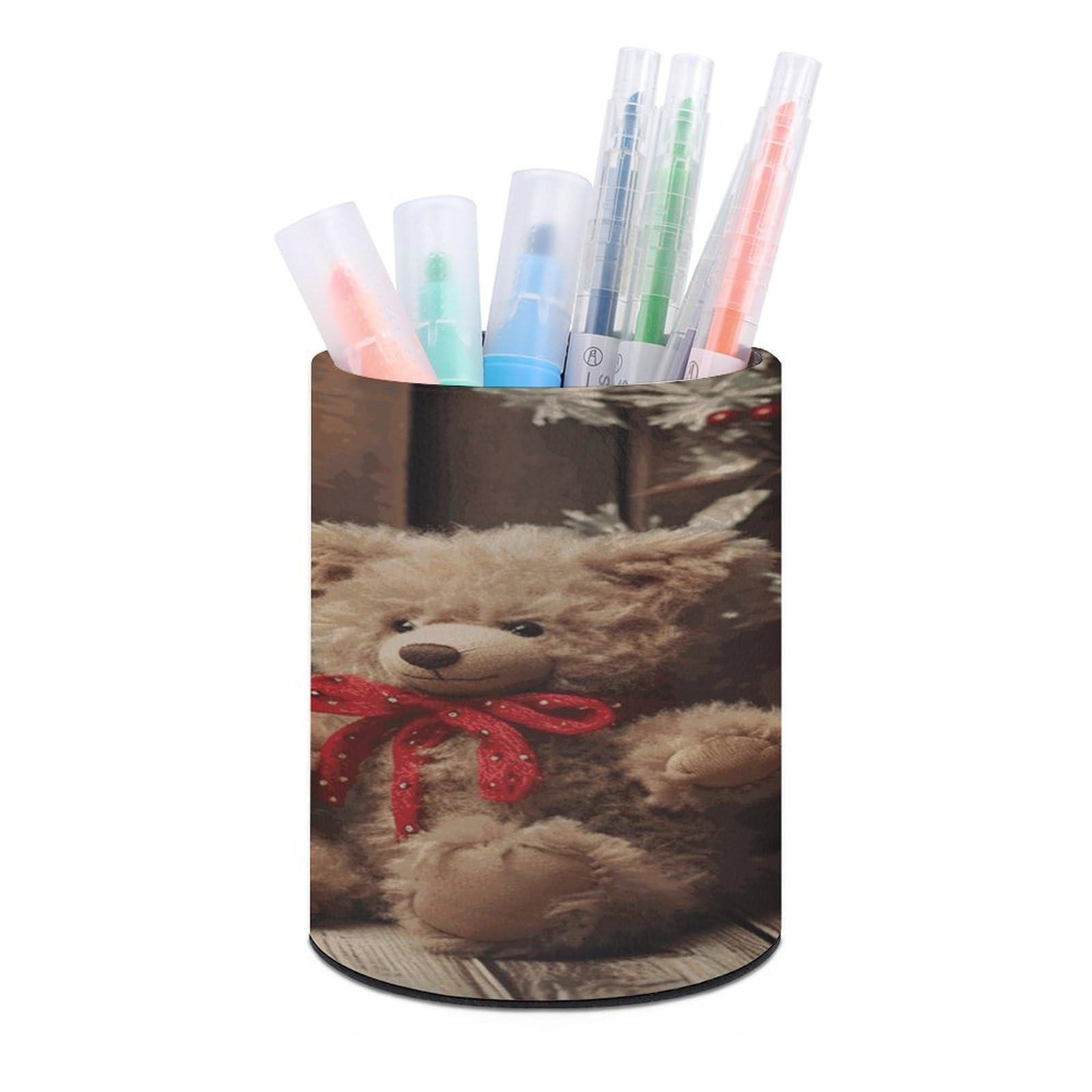 LDGSUPH Xmas Tree Branch Bear Doll Round Pen Holder Leather Pen Cup Pencil Cup Pen Organizer Pencil Holder for Desk Organizer Pencil Organizers Makeup Brush Holders for Home Office Gift