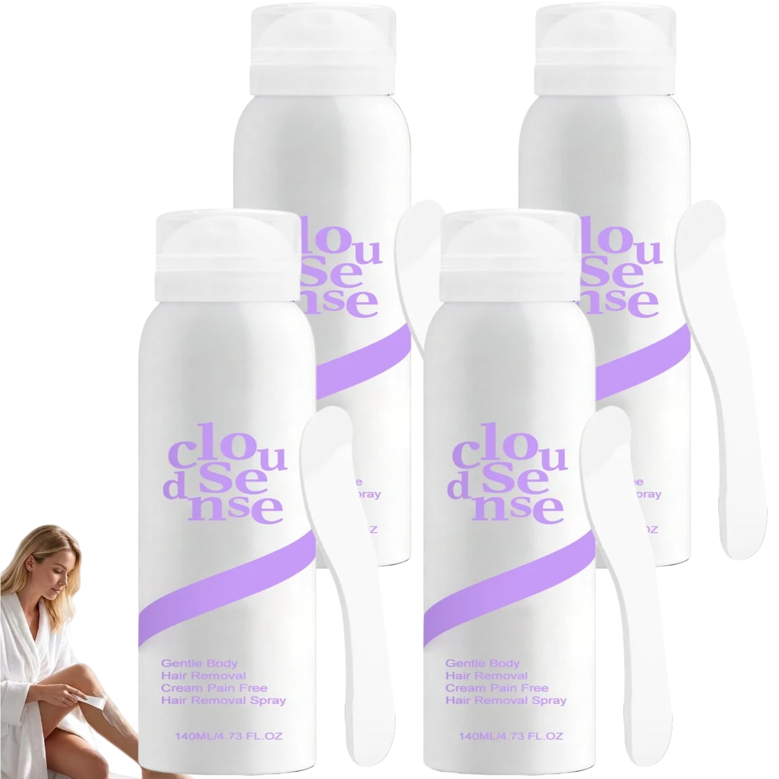 Cloud Sense bezbolesny krem do depilacji z aloesem i kwasem hialuronowym, nawilżający i odżywczy dla wszystkich rodzajów skóry, spray do depilacji ze szpatułką, składniki dobroczynne (4 sztuki)