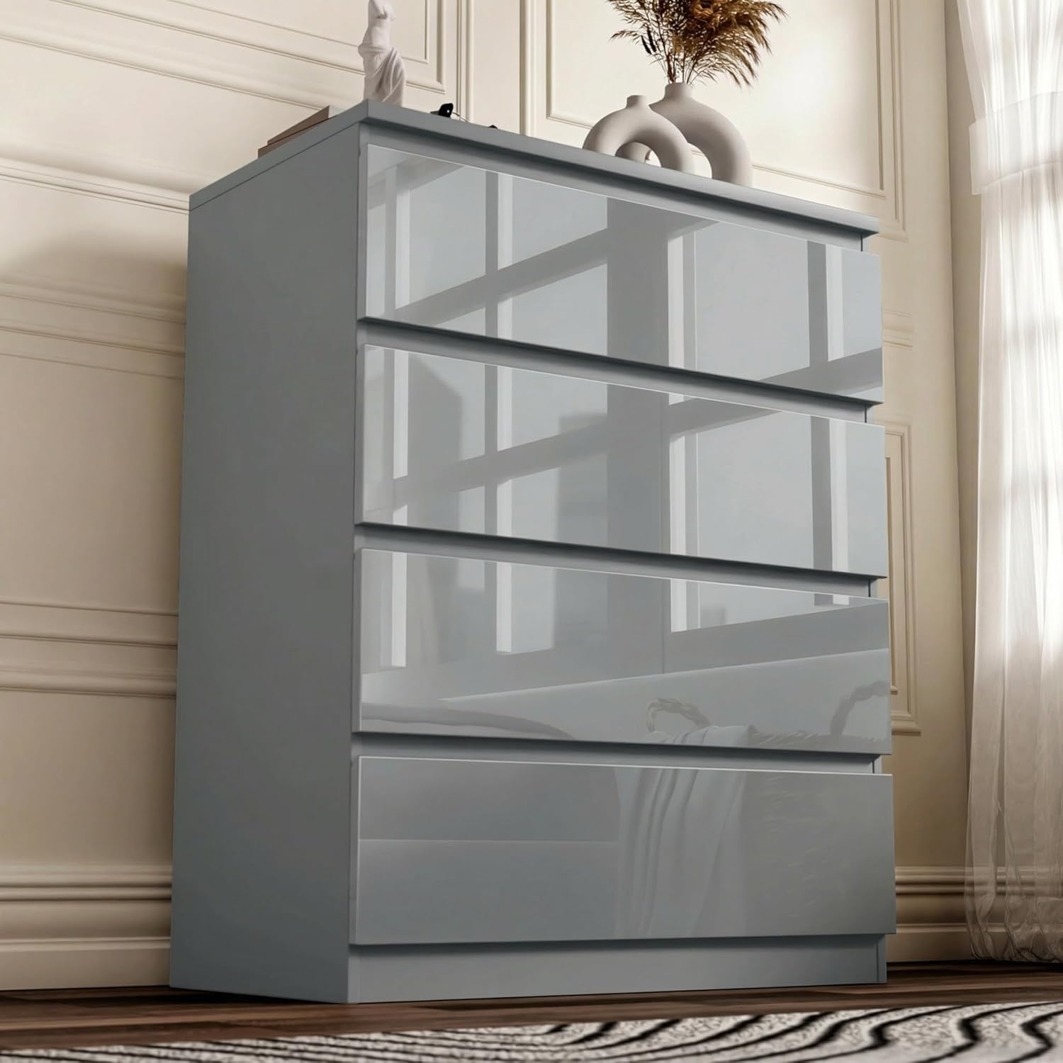 Blisswood Grey High Gloss Chest of Drawers 4 Drawer Bedroom Furniture Storage Unit with Smooth Metal Runners, Modern Tall Cabinet for Bedroom, Living Room, Office or Hallway 40D x 70W x 95.5H CM Grey