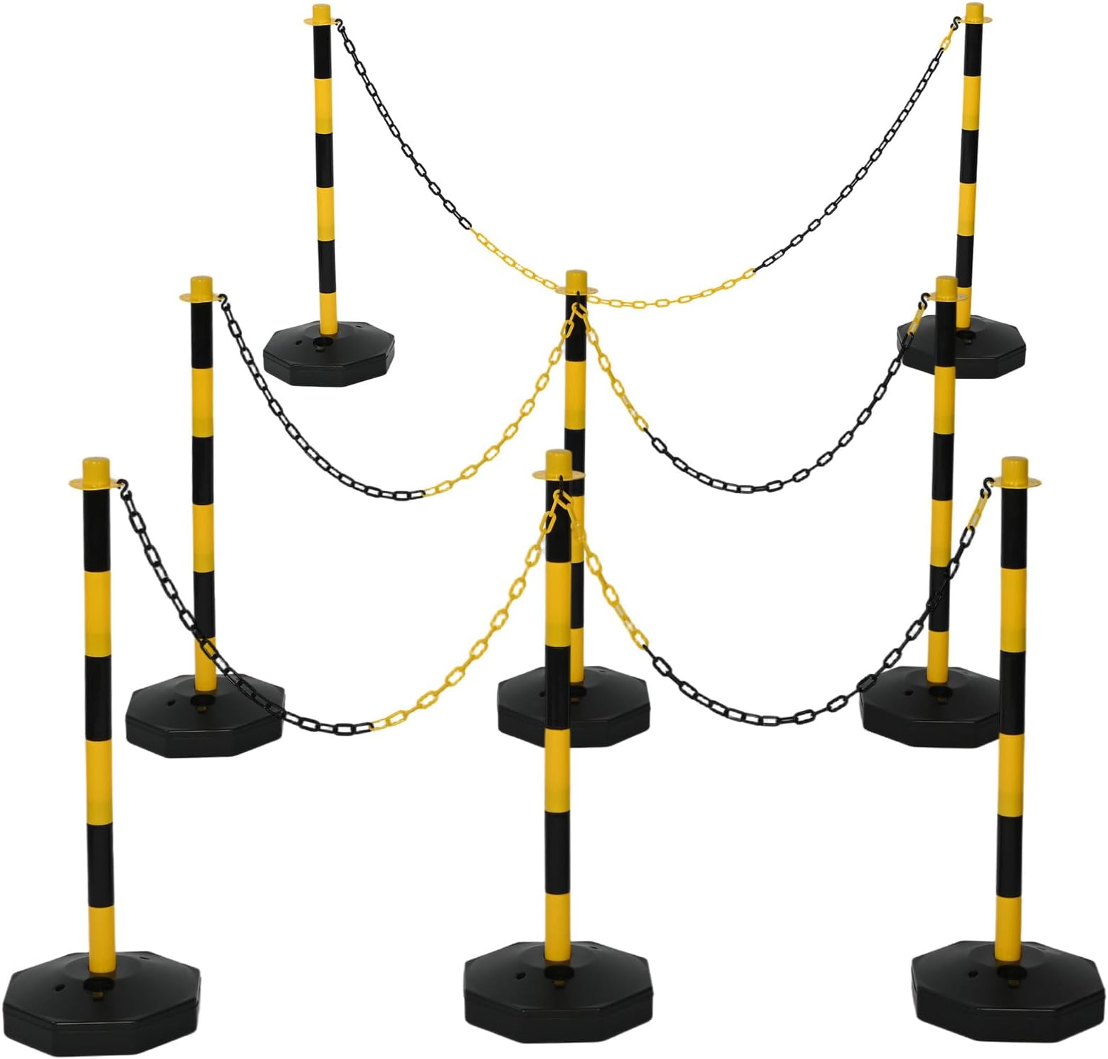 Post and Chain Barrier Kits,8 Posts YELLOW & BLACK Free Standing Safety Bollards,Plastic Chain Link Barrier for Crowd Control,Traffic,Queuing line (YELLOW&BLACK)