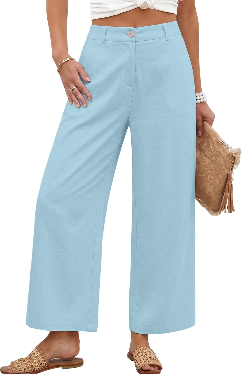 KICZOY Womens Linen Wide Leg Pants Casual Zipper Front Summer Cropped Trousers Dressy Pants with Pockets
