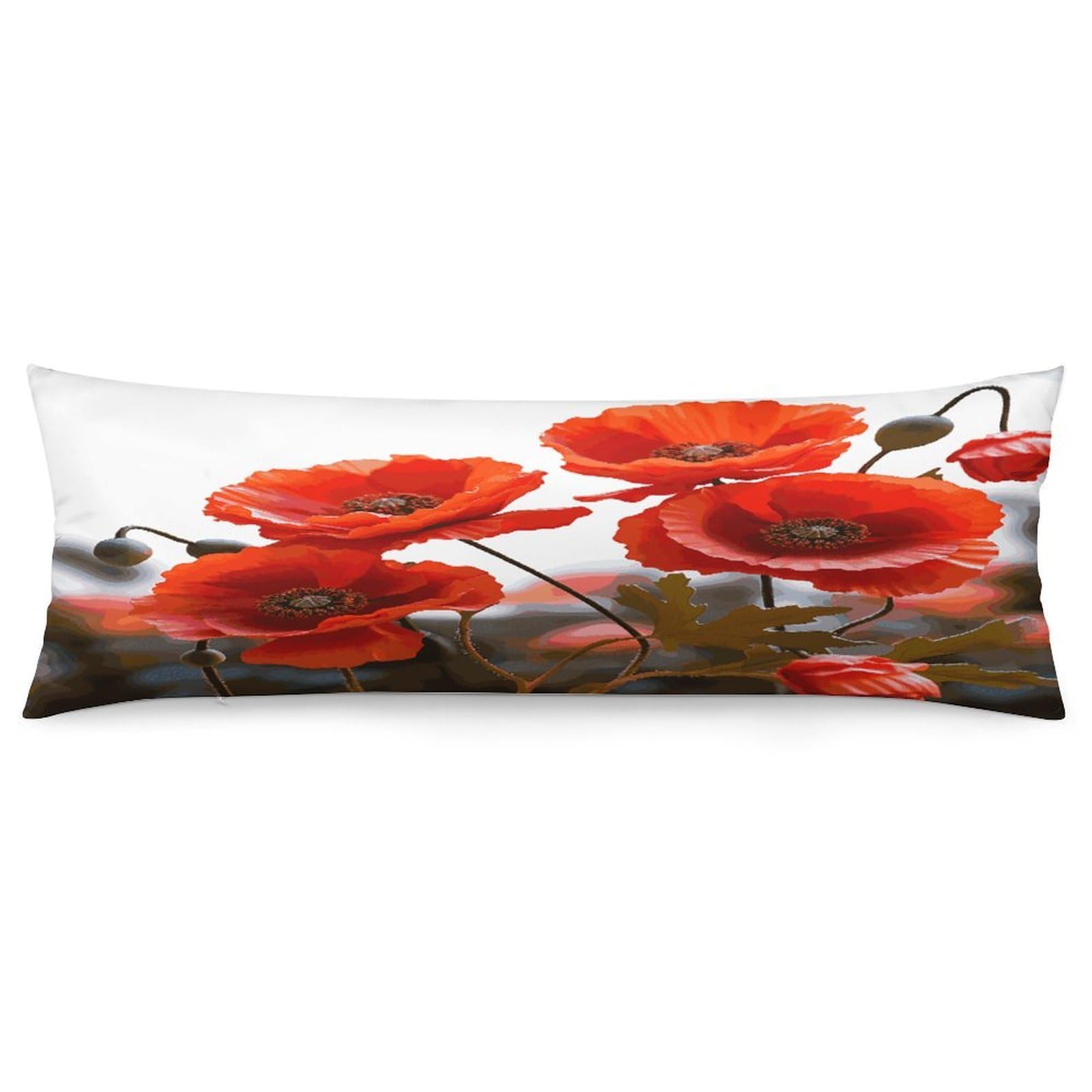 Poppy Flowers Vivid Petals Pillowcase Decorative Long Body Pillow Case Soft Breathable Body Pillow Cover Modern Large Pillowcase Cute Body Pillow Pillowcases for Bedroom Couch 18.9 X 53 Inch