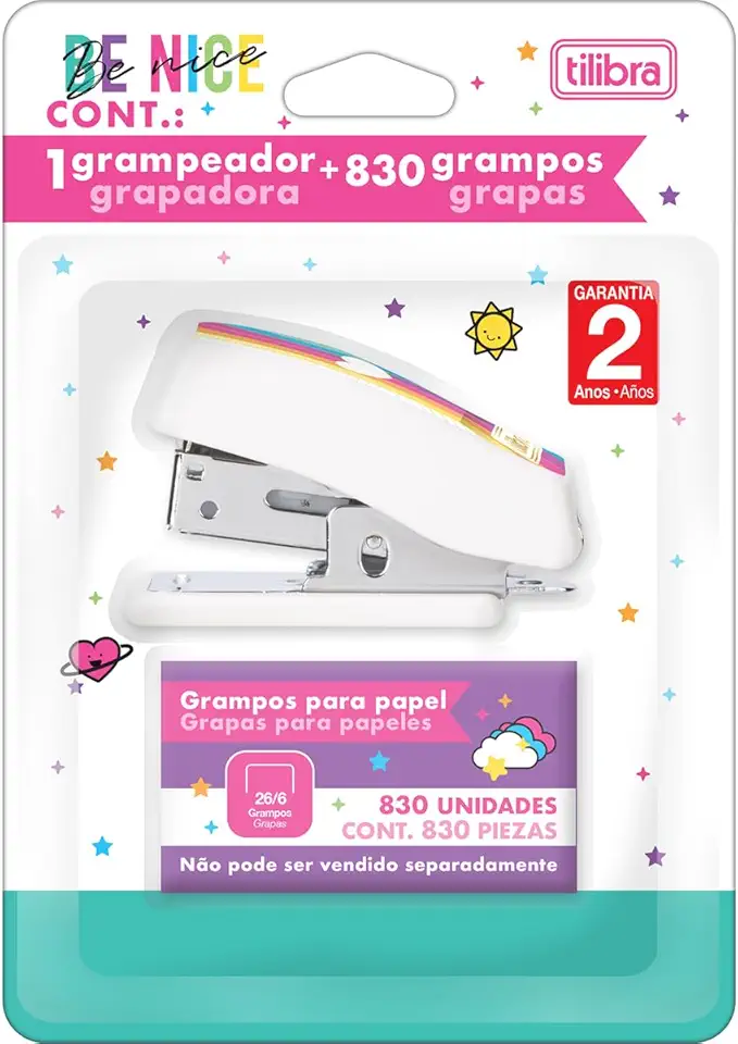Tilibra - Grampeador 12 Folhas Mini com Extrator Be Nice + 830 Grampos