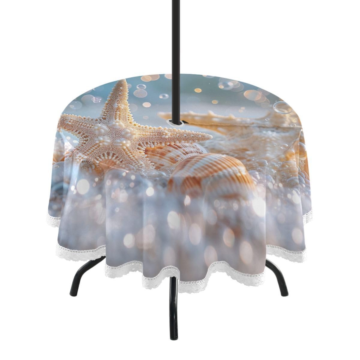 Nander Beautiful Starfish Shells Outdoor Tablecloth 60In,Waterproof with Zipper Umbrella Hole Patio Round Table Cloths for Backyard Parties Picnic BBQs