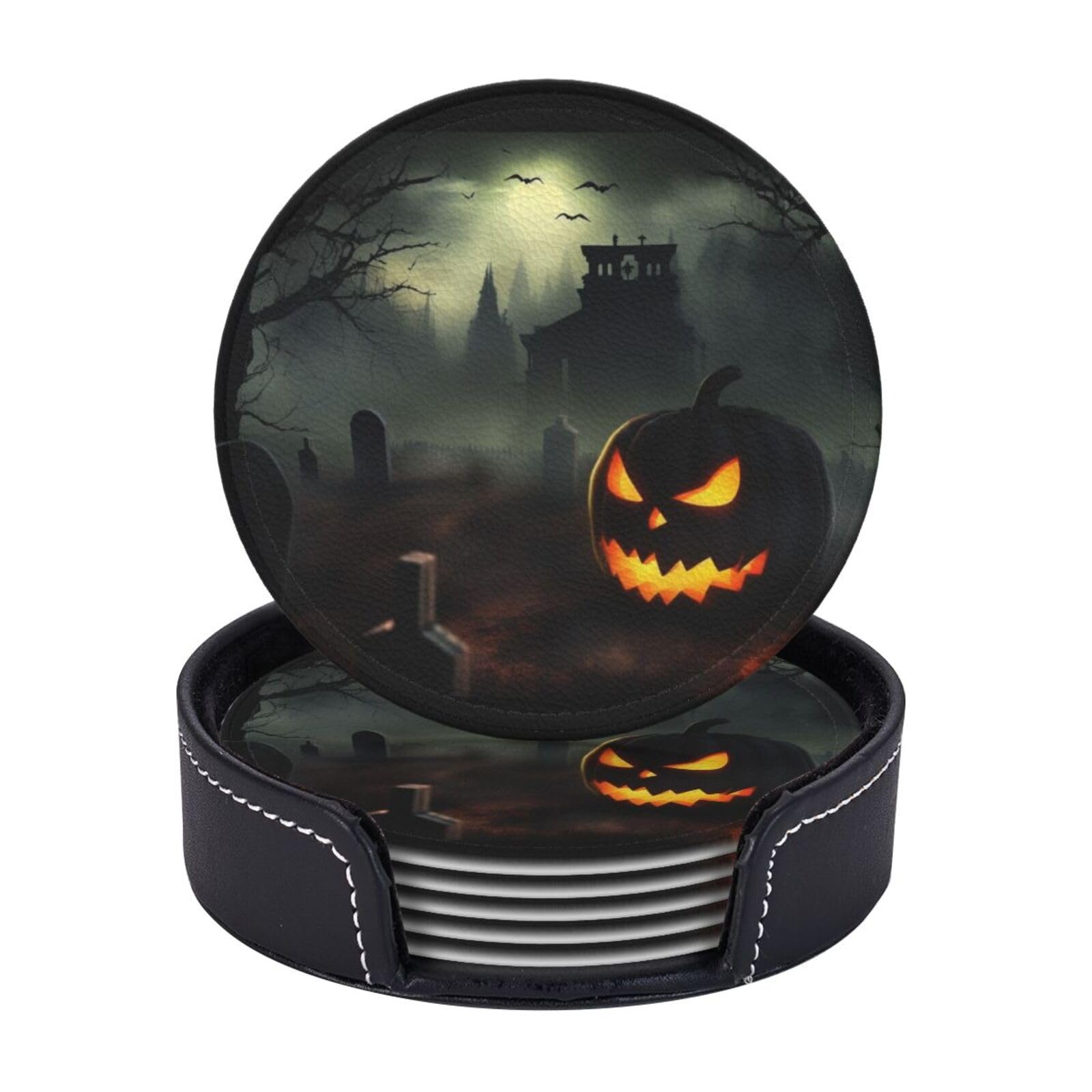 6Pcs PU Leather Coaster for Drinks, Halloween Horror Cup Coasters with Holder, Aesthetic Drink Coasters for Coffee Table, Round Coaster for Tabletop Protection 4" Cup Mat Pad