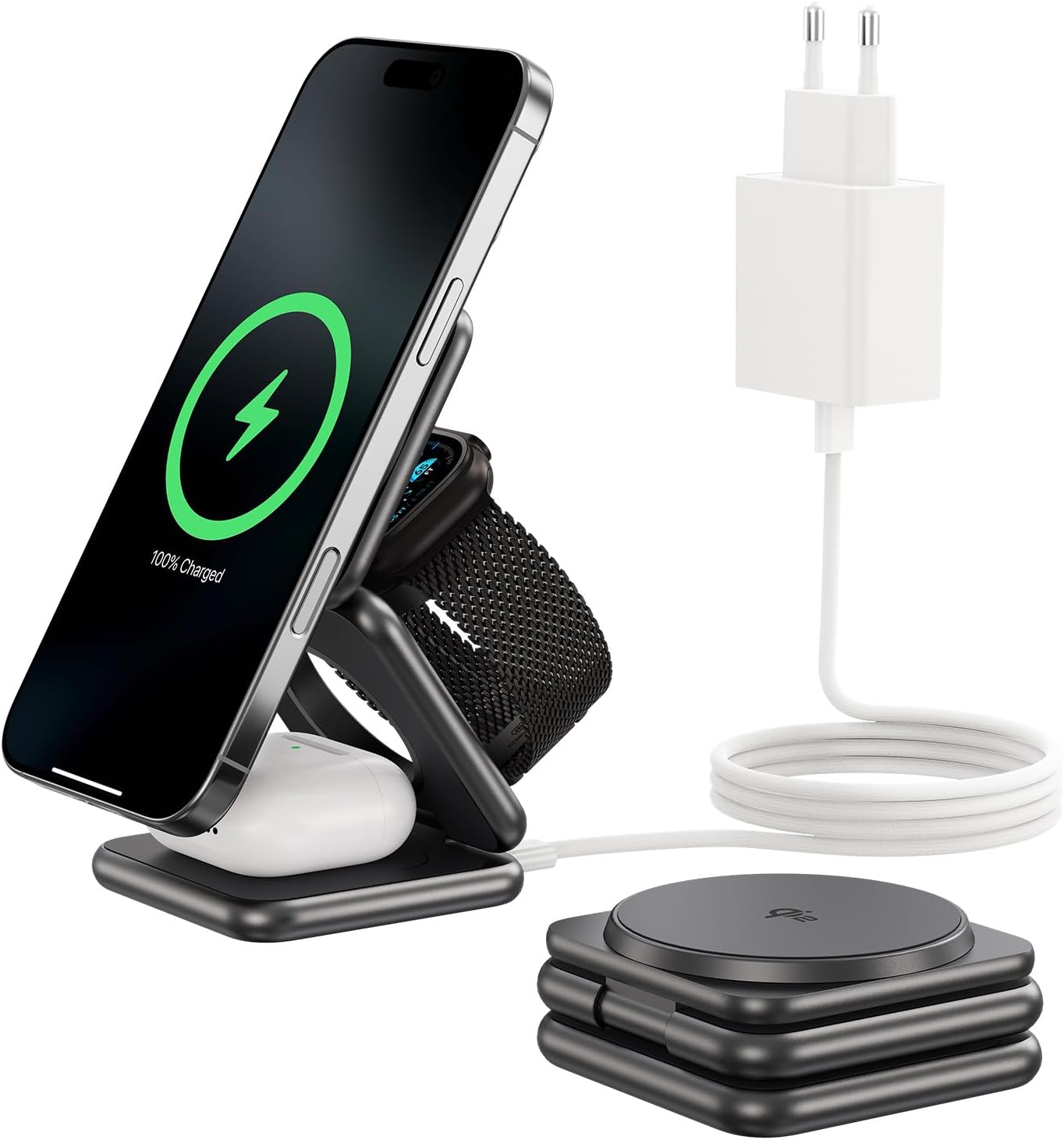 KU XIU X40Q Cargador Inalámbrico Magnético Plegable 3 en 1 con QI2 15W, Carga Rápida para iPhone 16/15/14/13/12, 5W para Apple Watch Series 9/8/7/Ultra/Ultra 2 y 5W para AirPods 4/3/2/Pro – Gris