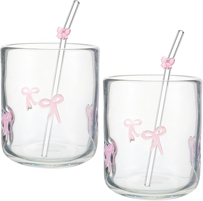 Skylety 2 Set Pink Bow Icon Juice Glass with Pink Bow Glass Straws Aesthetic Cup 14 Ounce Double Old Fashioned Icon Handblown Cocktail Cup for Women Sister Friend Part, Not Suitable for Hot Water