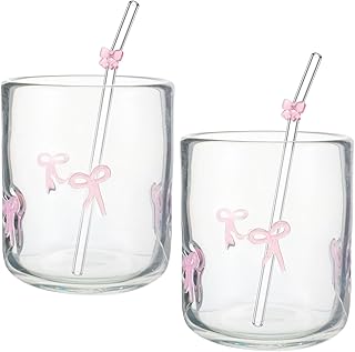 Skylety 2 Set Pink Bow Icon Juice Glass with Pink Bow Glass Straws Aesthetic Cup 14 Ounce Double Old Fashioned Icon Handblown Cocktail Cup for Women Sister Friend Part, Not Suitable for Hot Water