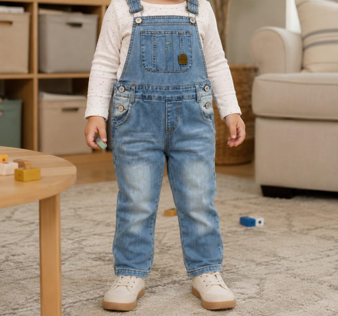 KIDSCOOL SPACE Overol de mezclilla para niñas pequeñas, ropa de trabajo ajustable para niños pequeños
