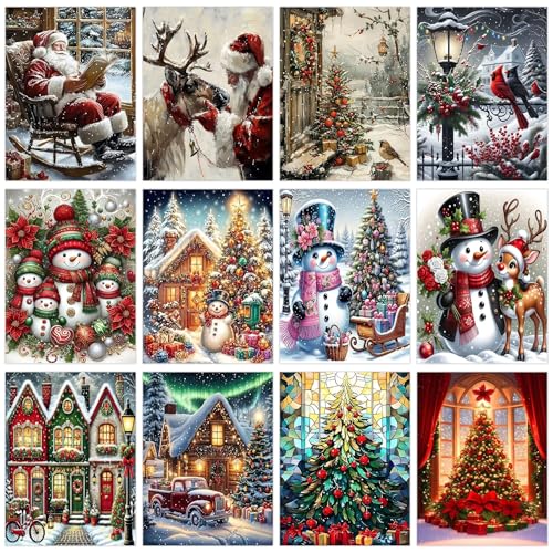DPARTGMJT 12 Pack Christmas Diamond Art Kits for Adults Multipack Diamond Painting Kit for Adults 5D DIY Round Drill Gem Art Adult Diamonds Dots Sets for Home Wall Decor Holiday Gift 12x16in