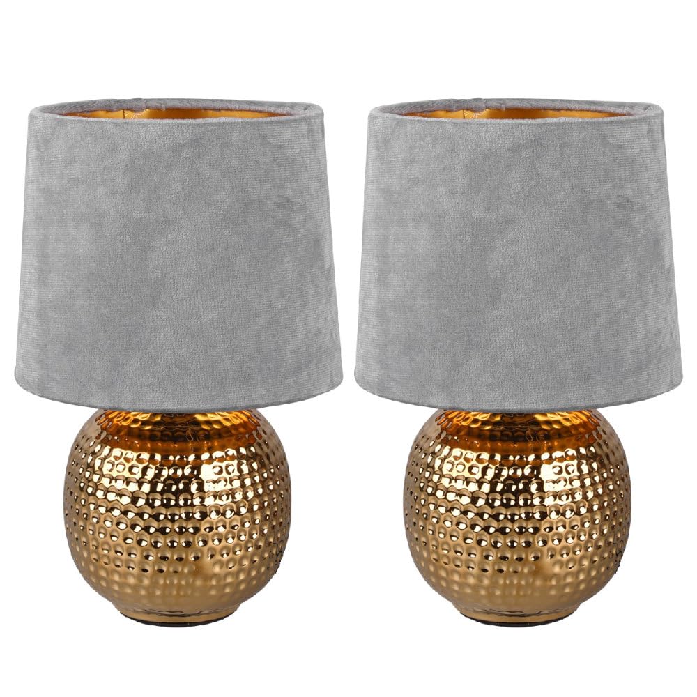 Britalia 2 Pack - Gold Ceramic Vintage Hammered Globe Table Desk Lamp with Grey Velvet Shade | 26cm Height | 1 x SES E14 Lamp Bulb Required | UK Approved | Retro Design | Tapered Drum Lampshade