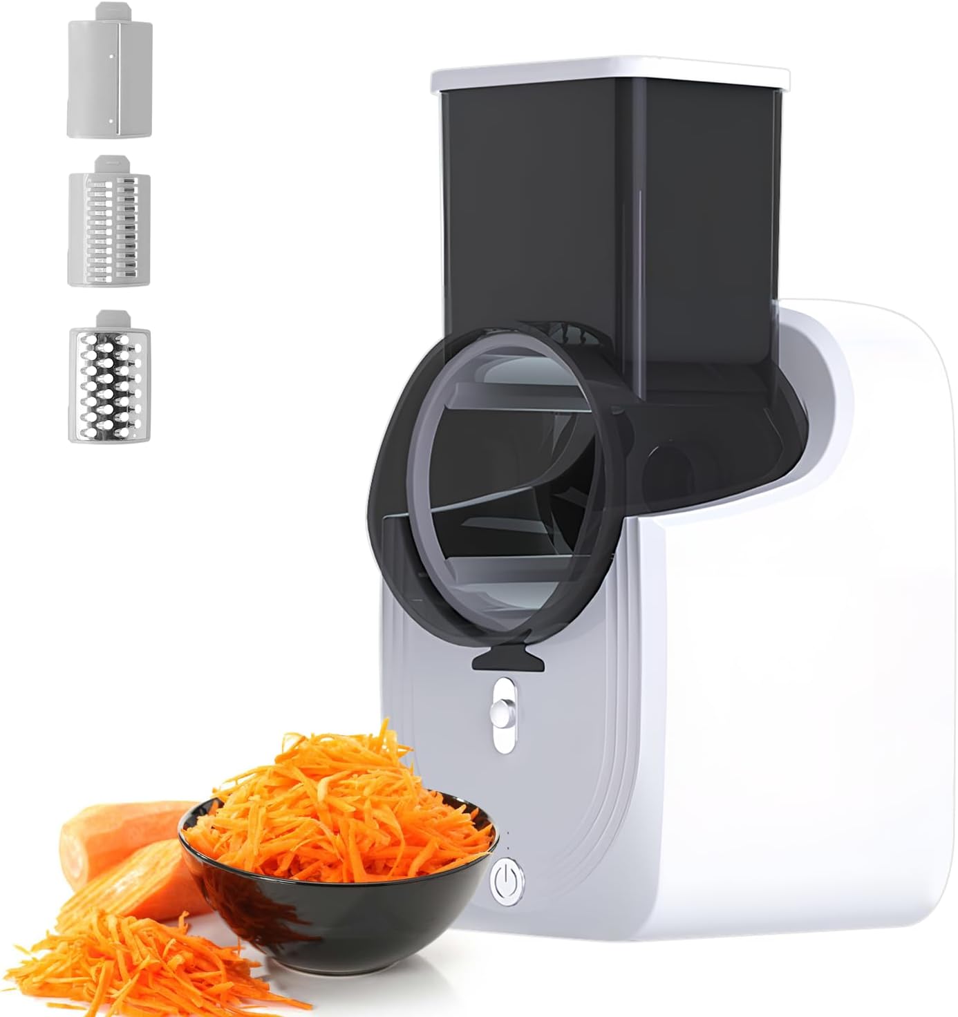Electric Cheese & Vegetable Shredder Salad Processor, Automatic 3-in-1 Rotary Fruit Grater, Equipped with 3 Interchangeable Blades of Various Shapes for Cheese, Cucumber, and Carrot Slicing, White