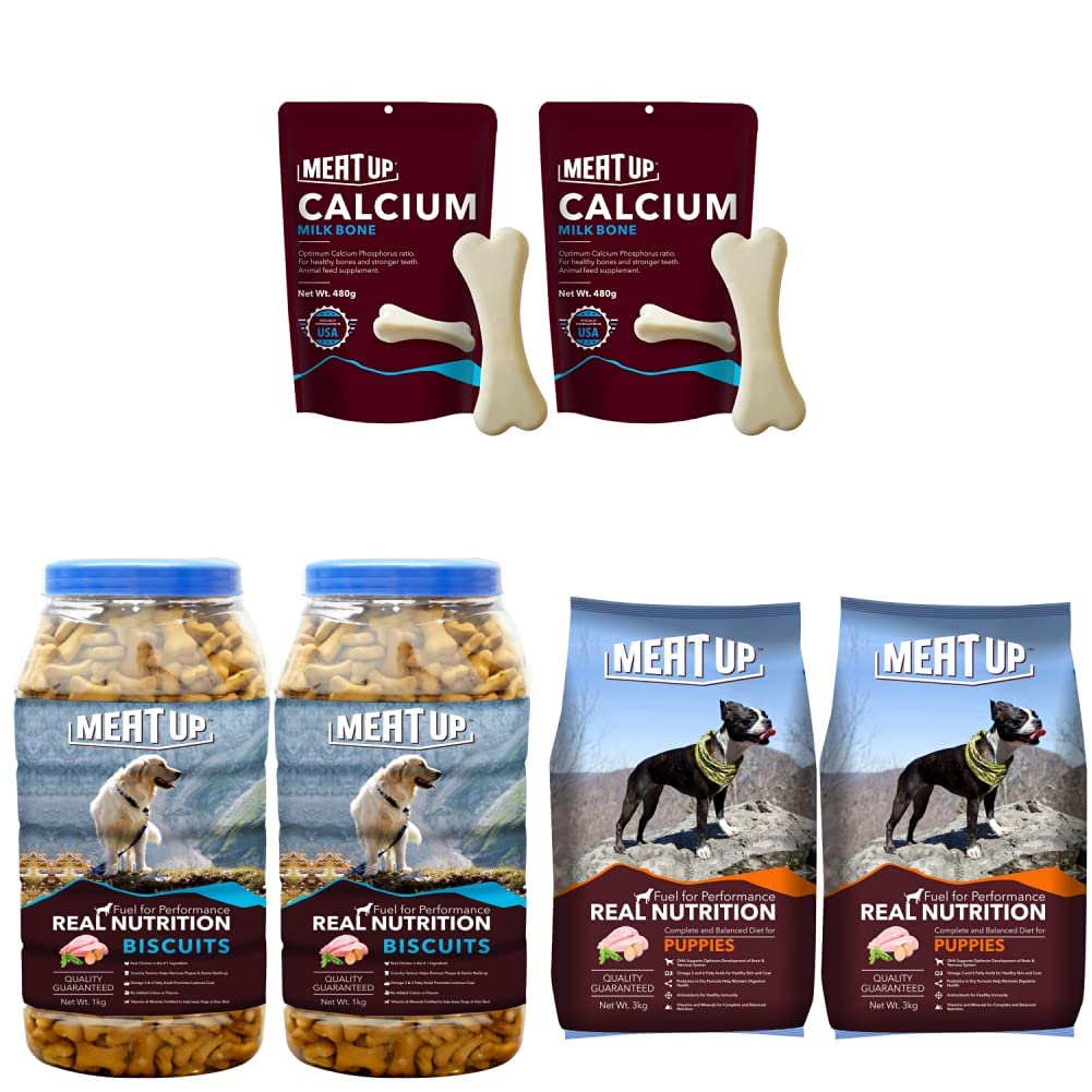 Meat up Calcium Bone Pouch, Dog Treats - 25 Pieces (230 gm) & Chicken Flavour, Real Chicken Biscuit, Dog Treats - 1kg Jar & Puppy Dog Food, 3 kg (B08L87W6LL) Amazon Price History, Amazon Price Tracker