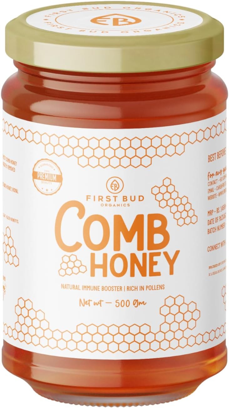 First Bud Organic Raw Comb Honey 500 g - Pure, Unprocessed Honey with Comb for Natural Weight Loss, Cough & Digestive | Himalayan Origin | Honey Dipper Free