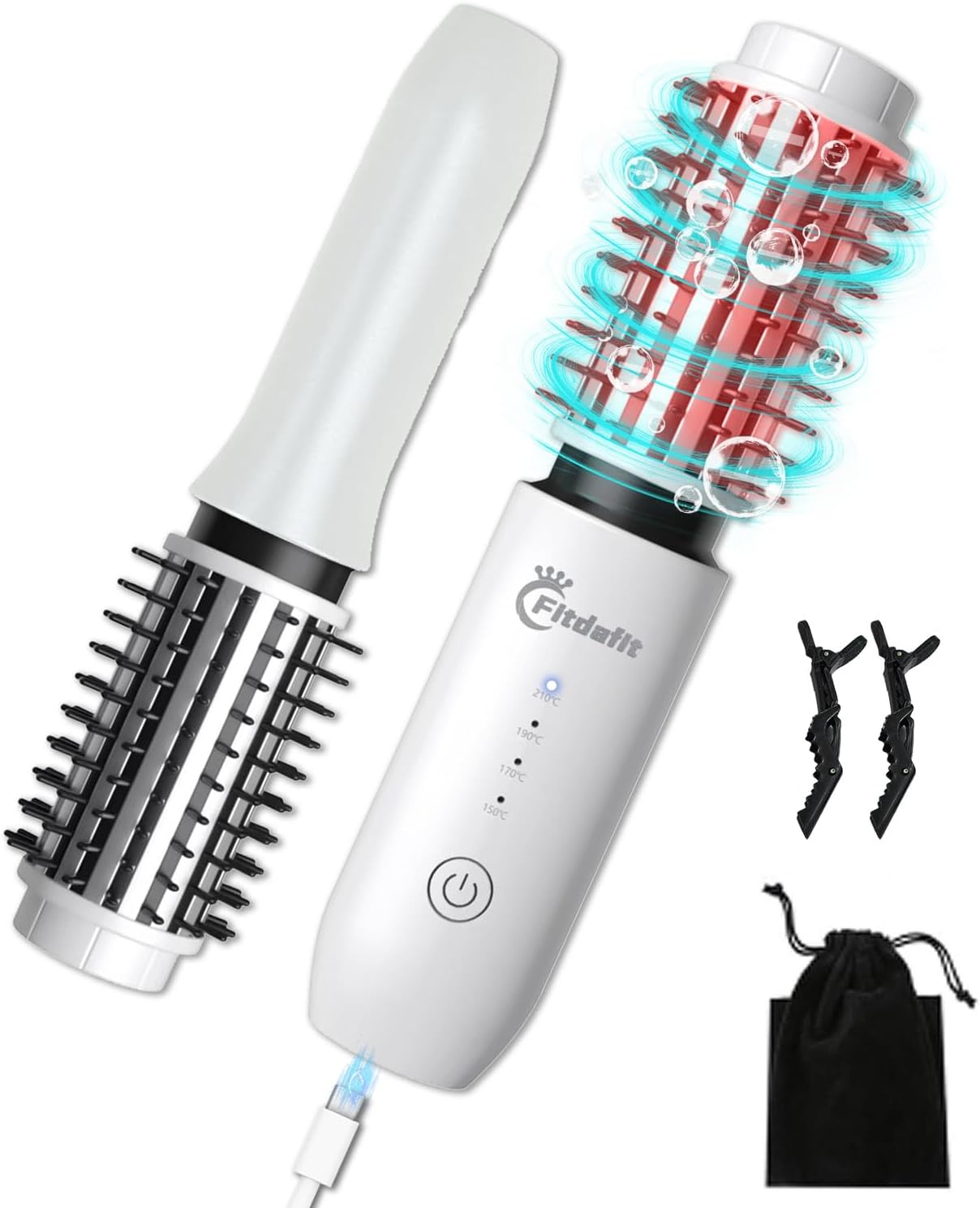 Curling Iron Wireless Mini Curling Iron Portable Hot Wave 3-in-1 Ionic Round Brush USB Rechargeable White