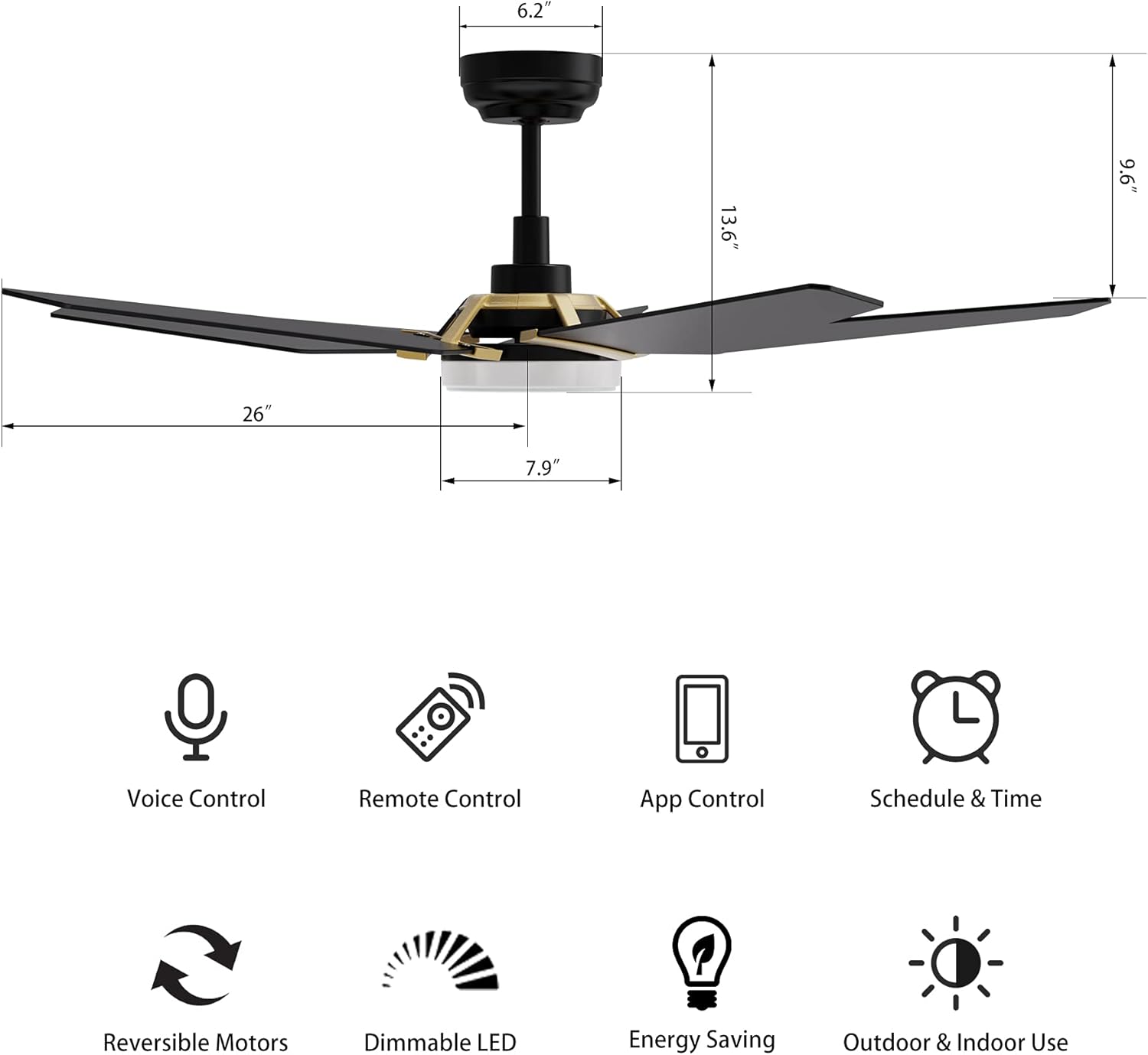 A bedroom scene illustrating the reversible motor function of the ceiling fan, showing downdraft mode for summer (air pushed down) and updraft mode for winter (air pulled up).