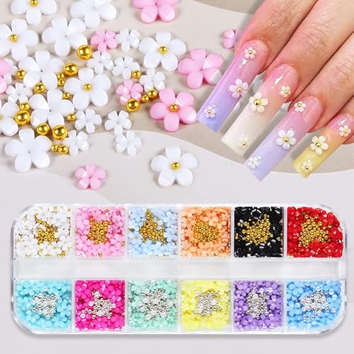 3D Flower Nail Art Charms Metal Caviar Beads Blossom Rhinestone Pearl Acrylic Flowers Nail Accessories For Women Diy Nails Design Decoration 12 Colors #TOP2