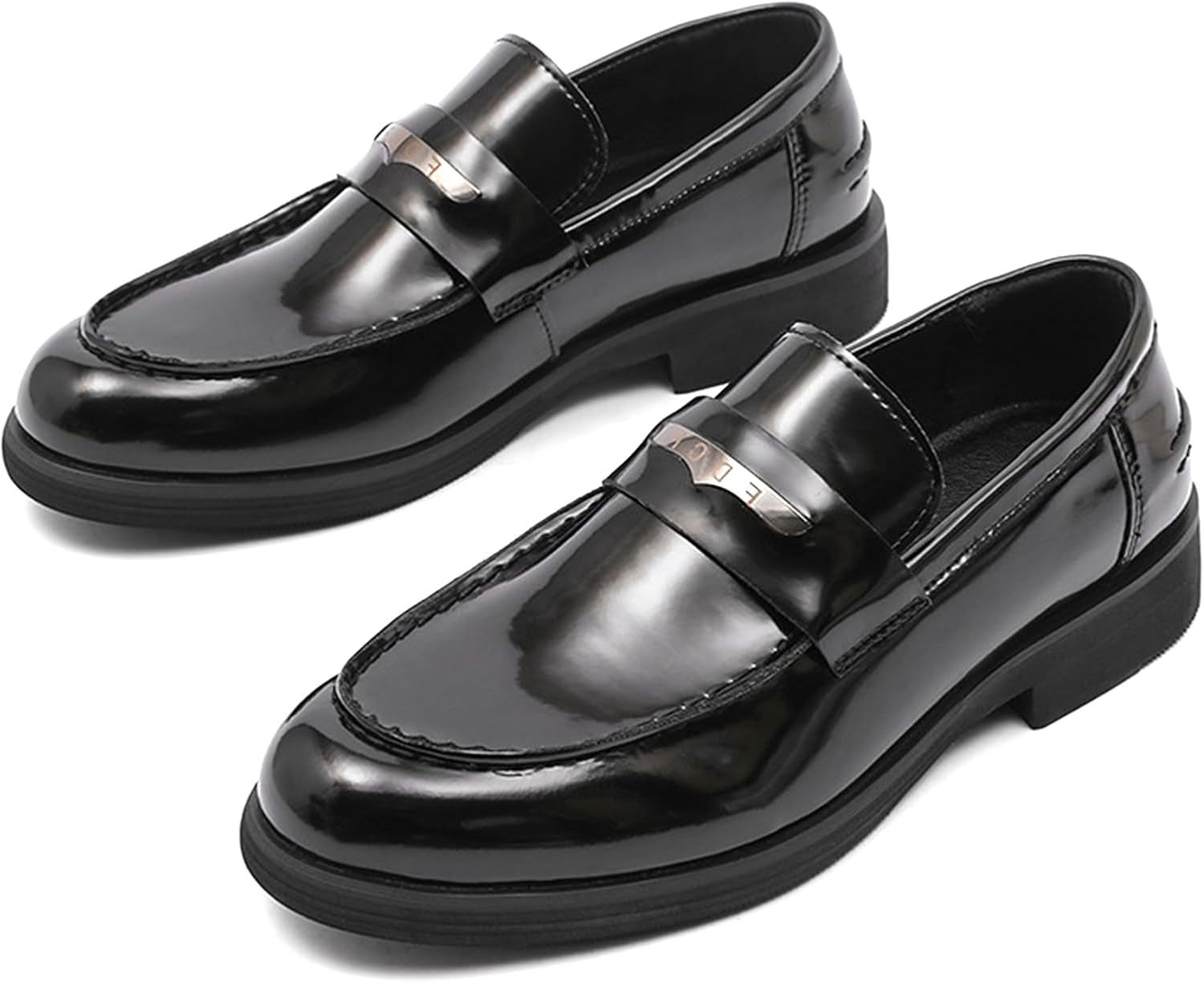 Mens Leather Chunky Heel Penny Loafers Comfortable Slip On Block Heel Black Dress Business Shoes Round Toe Non Slip for Wedding Work Office