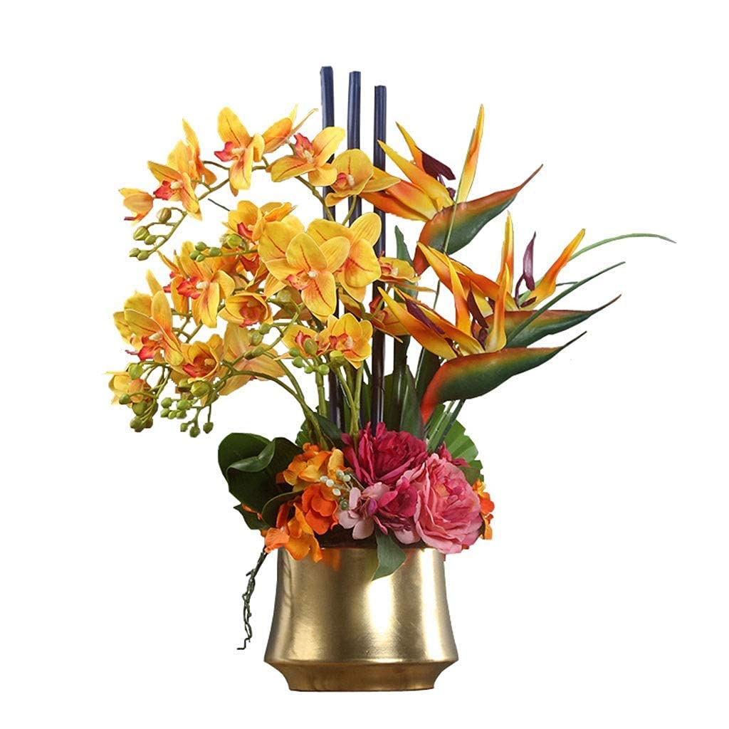 AYCDL Artificial Flower in Pot Artificial Flower with Golden Ceramic Vase,Artificial Orchids Heaven Bird Faux flower Arrangements for Home Decor Table Centerpieceento