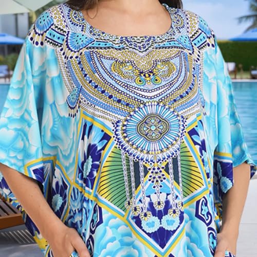 Image of Miss Lavish London Kaftan for Women Dress V Neck Summer Swimsuit Cover Up Blue Caftan Maxi Beach Dress, Plus Size African Kaftan with Batwing Sleeves, Side Slit & Pockets on Both Sides-Blue-M