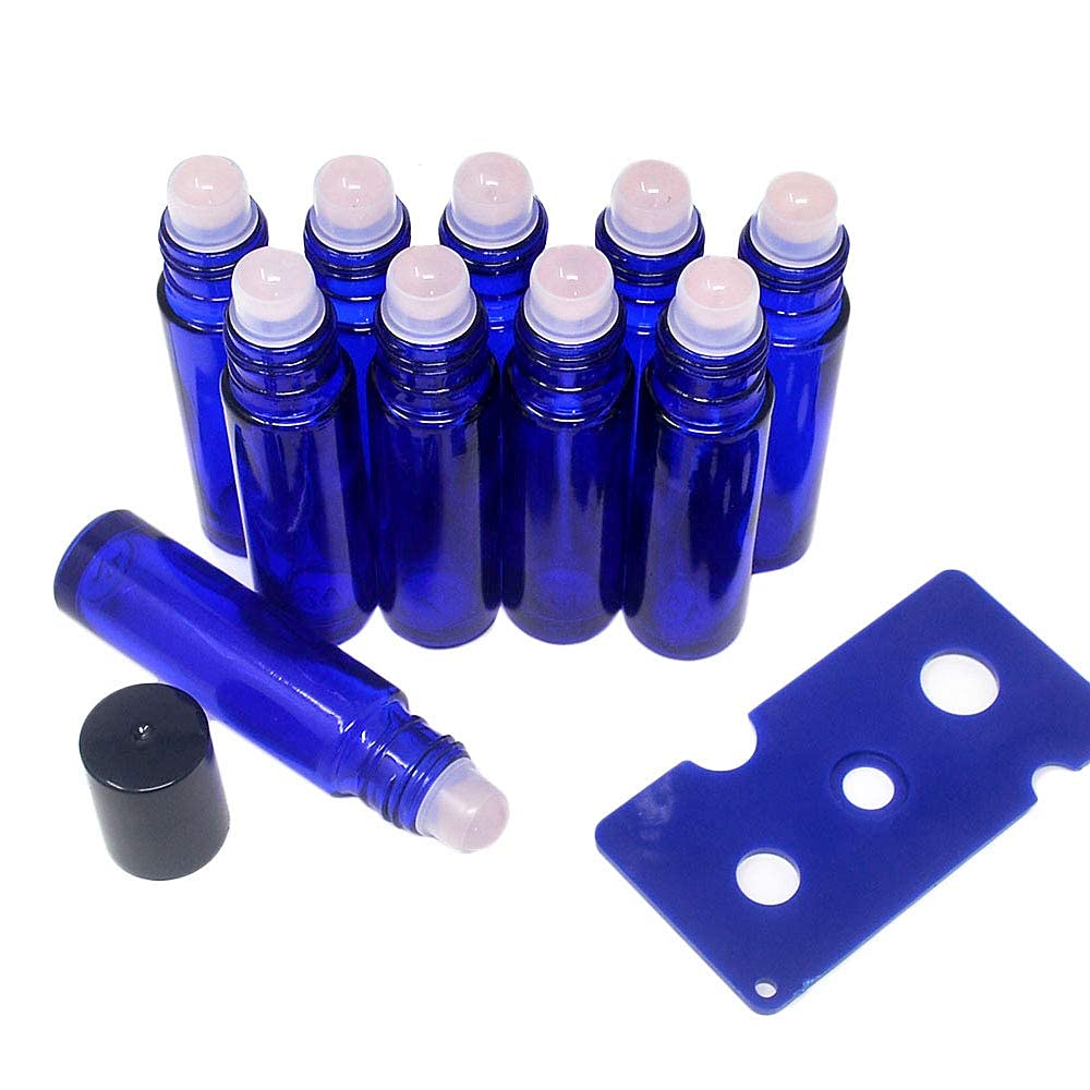 fengshuisale 10 bottiglie vuote ricaricabili blu da 10 ml, con pietre semipreziose in cristallo, per oli essenziali, con sacchetto incluso, W3903 (quarzo rosa)