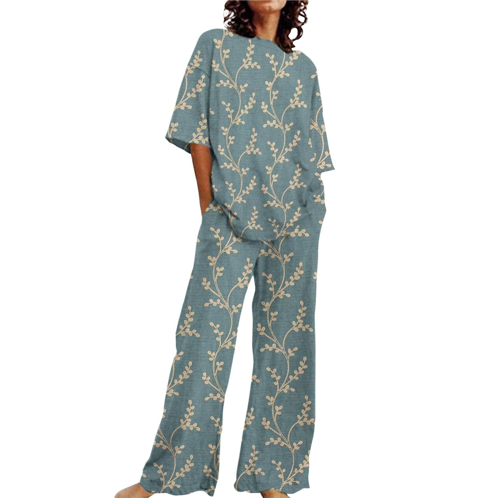 Ensemble de pyjama complet pour femme - Imprimé plantes | Ensemble de nuit ample 2 pièces avec poches, manches mi-longues, col rond, haut de pyjama et pantalon de pyjama élastique