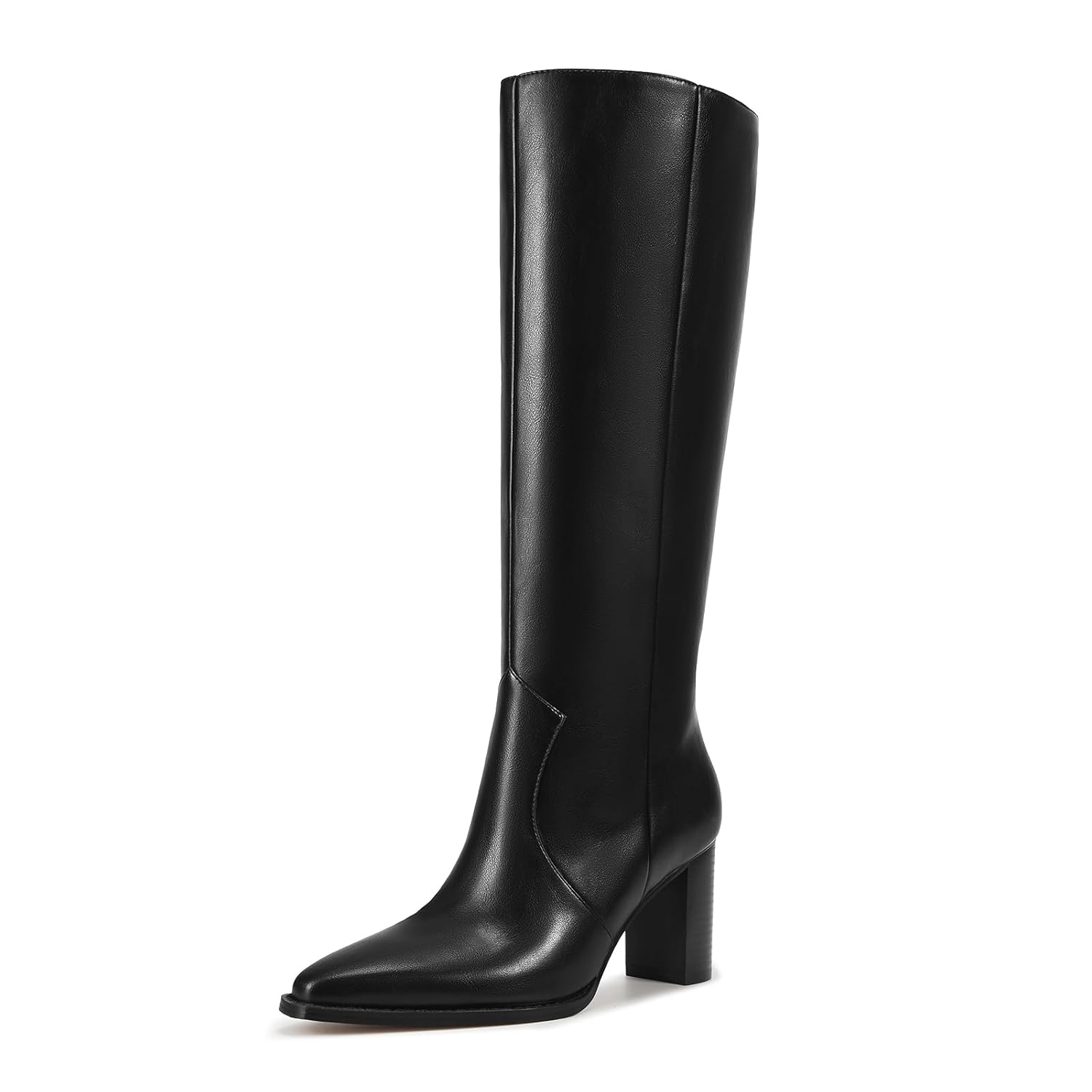 ISNOM Knee High Boots Women Almond Toe Chunky Boots for Women Tall Boots with Full Side Zipper High