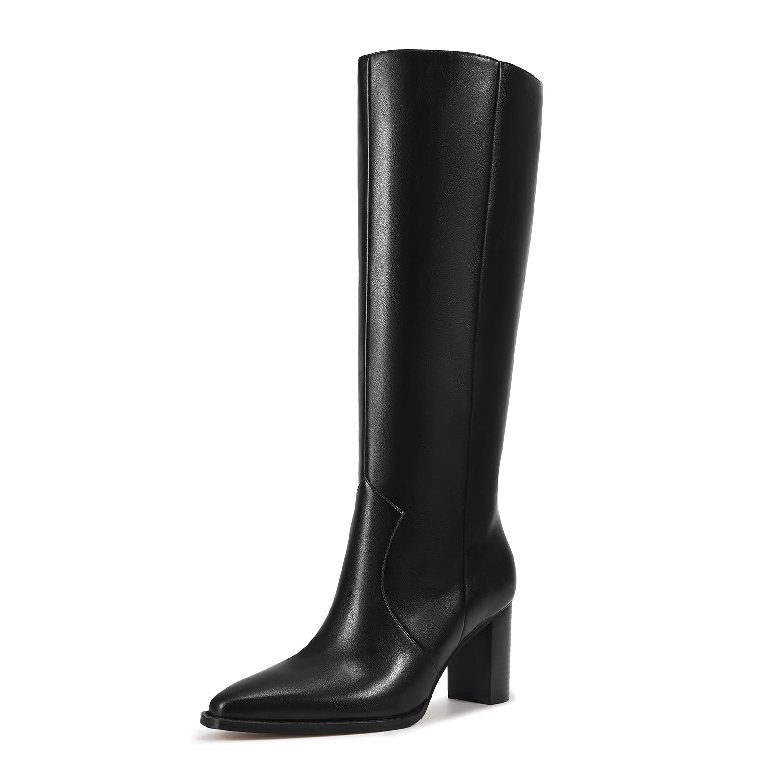 ISNOM Knee High Boots Women Almond Toe Chunky Boots for Women Tall Boots with Full Side Zipper High