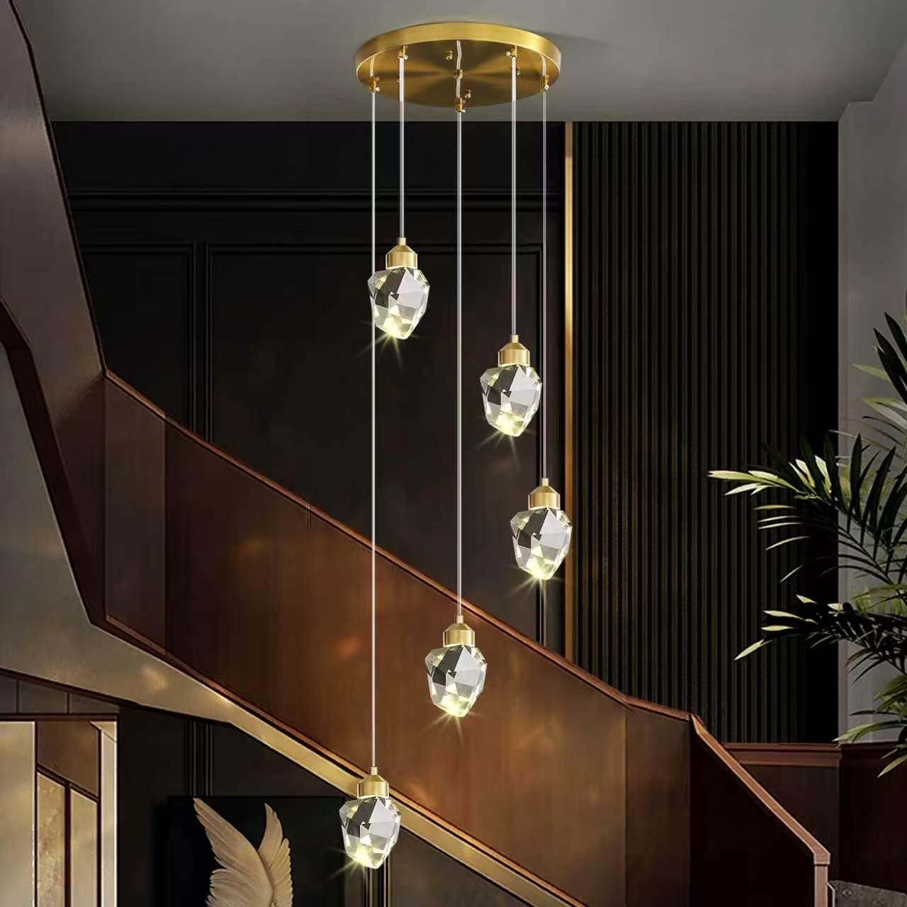 Sxtiger Modern Crystal Pendant Light, 3-Color LED Gold Ceiling Hanging Lamp, for Kitchen Island Bedroom Living Room Dining Room Lighting (5-Head Round Base) — image 1
