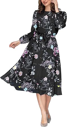 Chiffon Casual Dress 2026.Aberyamee Women's O-Neck Elastic Waist Floral Flared Midi Dresses ...