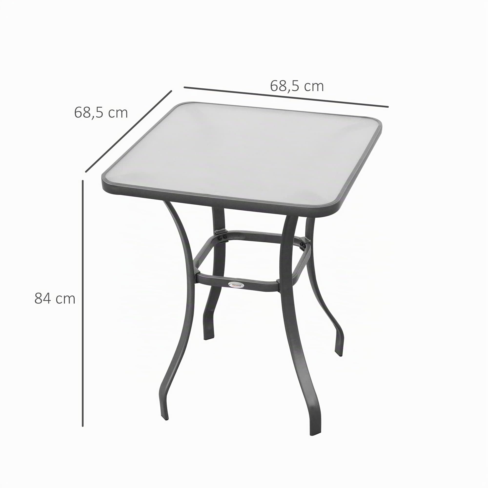 Outsunny Table Carrée Bistro de Jardin Dim. 68L x 68l x 84H cm Métal Gris | Époxy, Plateau Verre Trempé Granité