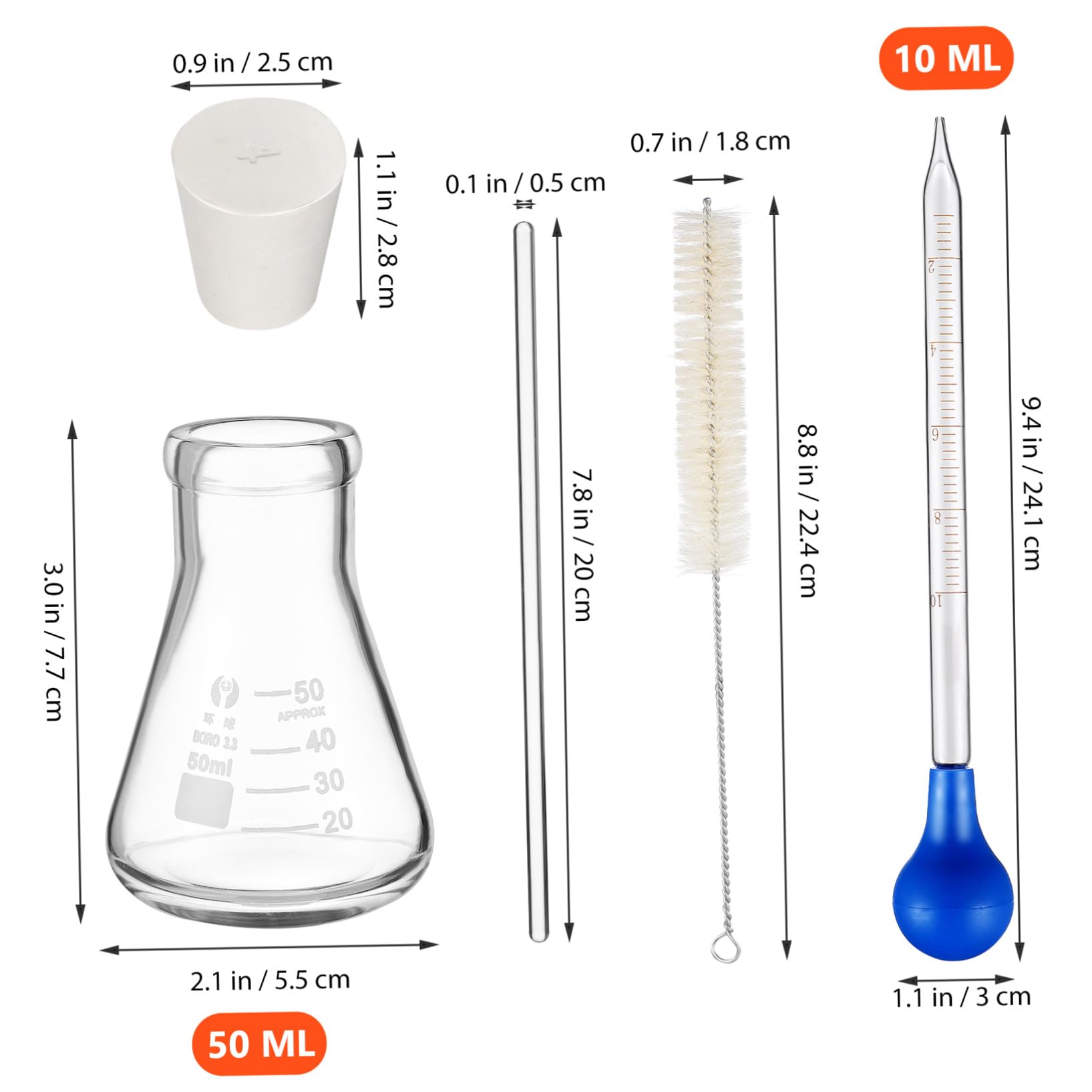 Set Beuta Erlenmeyer in Vetro 50 Ml con Pipette e Asta di Vetro