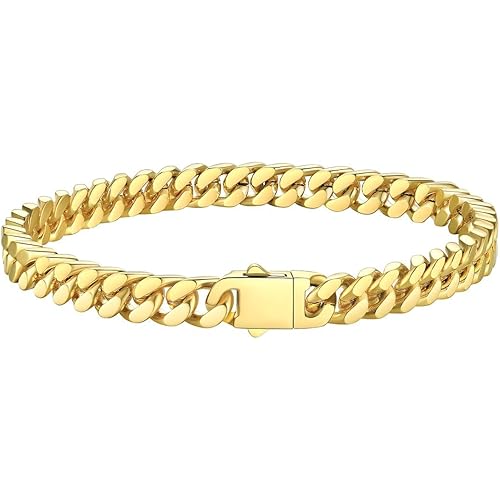 Bestyle Thick Mens Cuban Link Chain Bracelets, Durable Real 18K Gold/Black Metal Plated Solid Stainless Steel Hand Chain Cuban Bracelets for Men, Silver Black Gold Bracelets for Father Husband