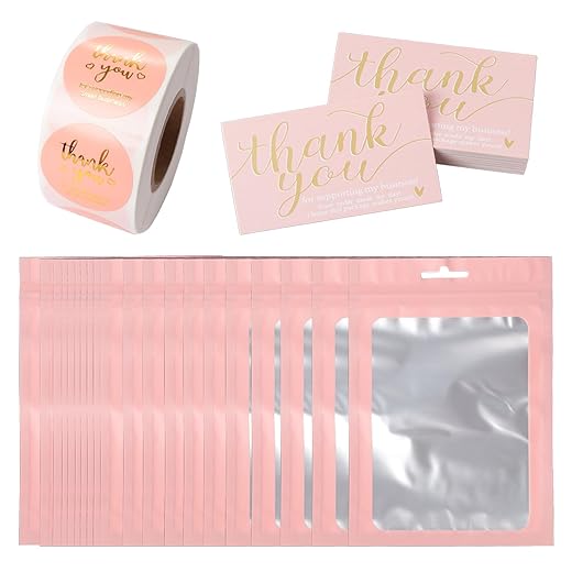 620Pcs Thank You Business Cards Stickers Set Gold Foil Include 100 Thank You Business Card 500 Thank You for Supporting My Small Business Stickers 20 Resealable Packaging Bags Suitable Owners (Pink)
