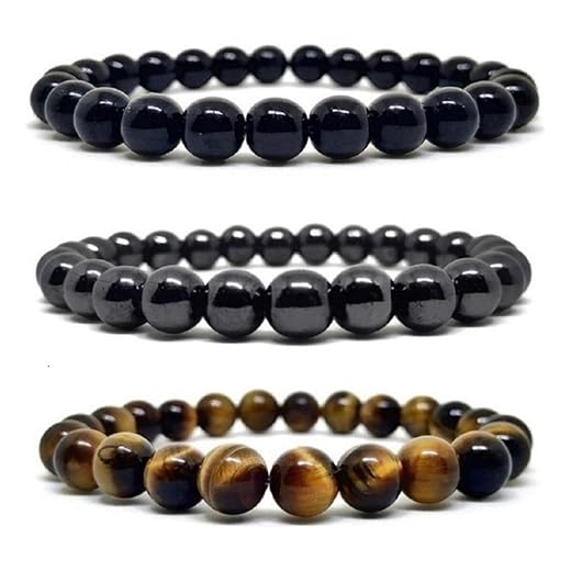 Kit 3 Pulseiras de pedras naturais olho de tigre Onix Hematita 8mm