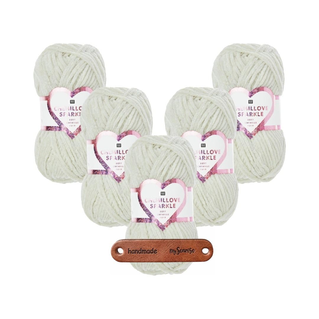 Rico Design 5 x 100g CREATIVE CHENILLOVE SPARKLE CREME Premium Wolle kuschelweich mit Glitzerakzenten für festliche Projekte und gemütliche Dekoideen mit mySearose Label