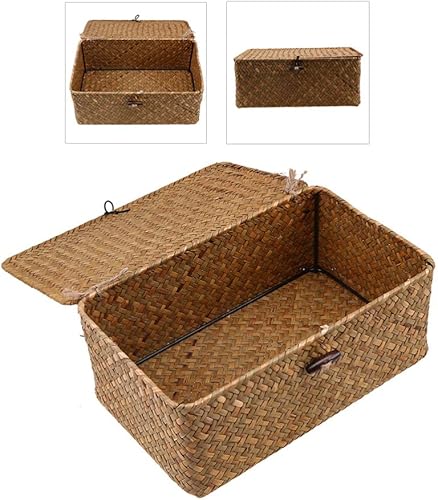 Miniatura 3 de IMIKEYA Cestas de algas marinas con tapas cesta tejida de almacenamiento de pastos marinos, cesta tejida de paja cesta de almacenamiento de ratán de