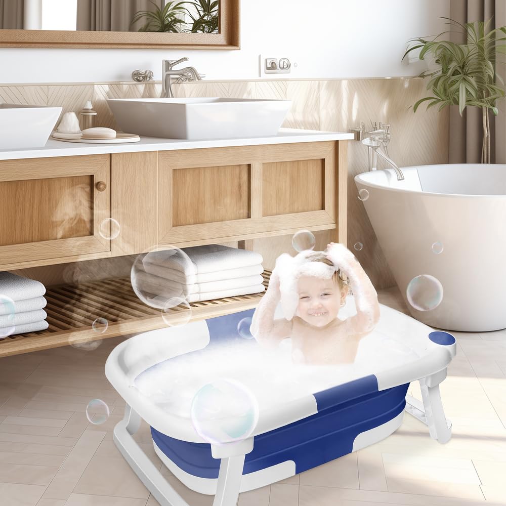 Bañera de bebé plegable, portátil para bebés como artículo esencial para recién nacidos y niños pequeños, para 0-24 meses, set de cuidado del bebé para recién nacidos (azul)