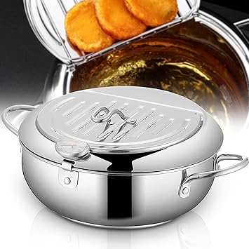 Deep Fryer Pot, 3.4L Tempura Deep Frying Pot Pan 304 Stainless Steel with Temperature Control and Oil Fil