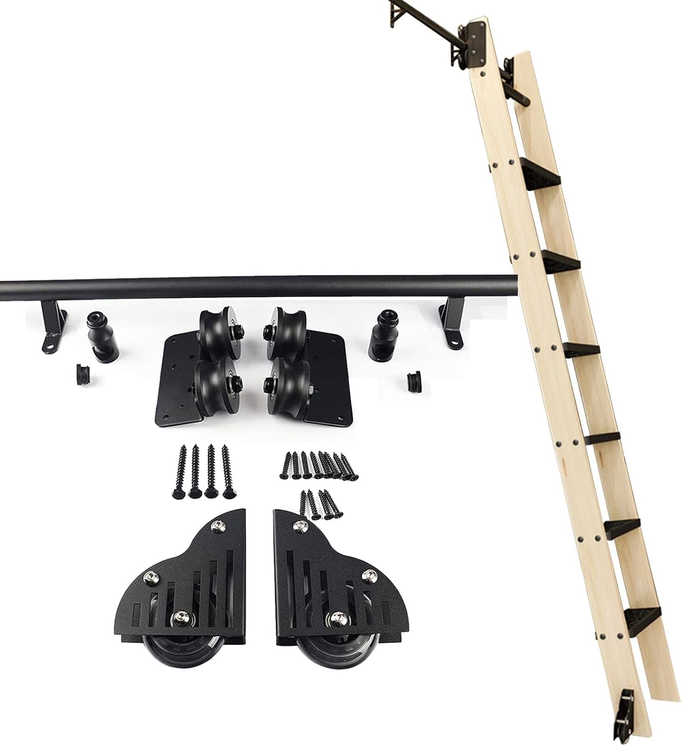 Sliding Ladder Hardware Library Rolling Ladder Hardware Kit， 3.3ft-20ft Steel Round Tube Mobile Ladder Rails(No Ladder), with Floor Roller Wheels (Size : 16ft/500cm Track kit)
