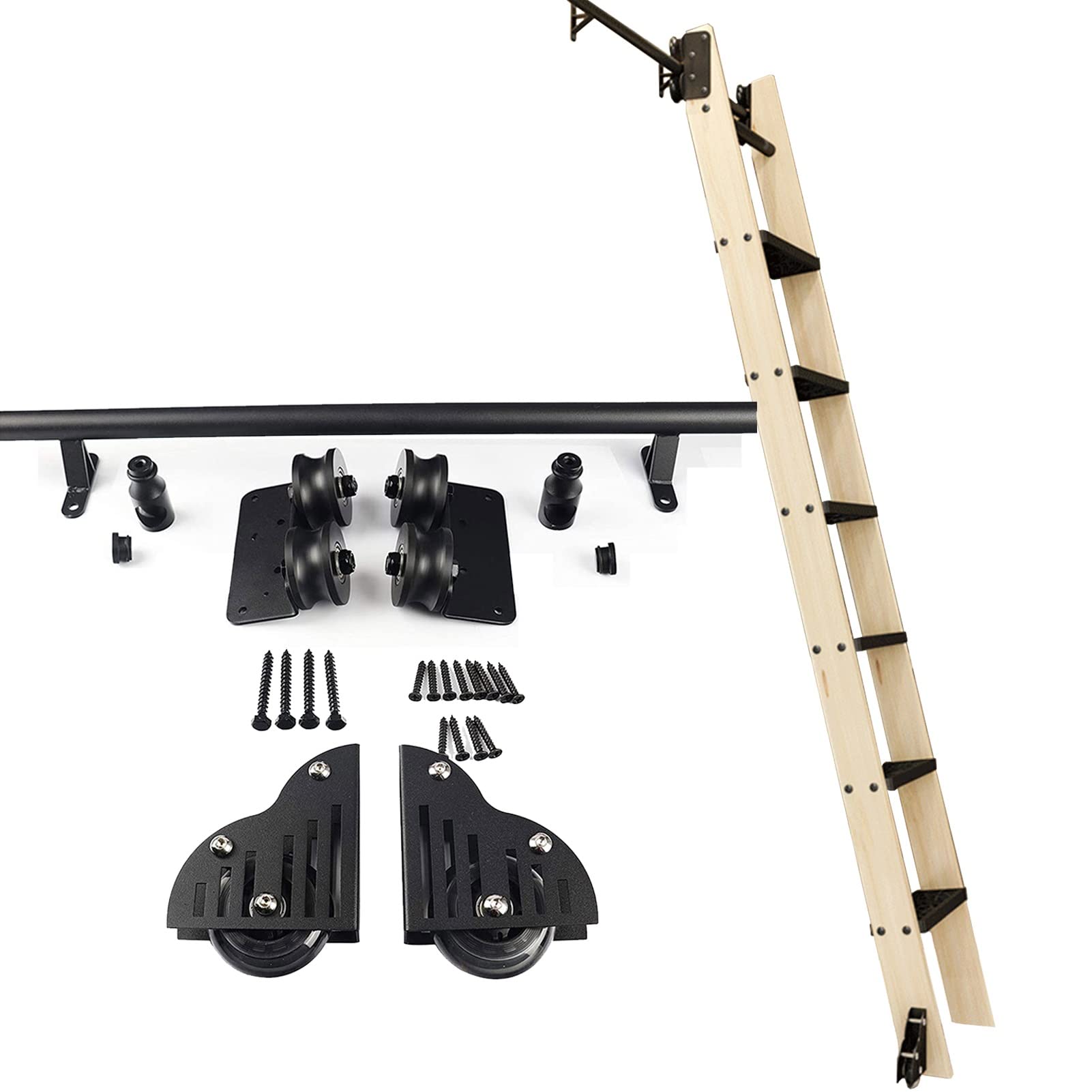 Kit de quincaillerie pour échelle roulante avec rails d'échelle mobiles en tube rond acier