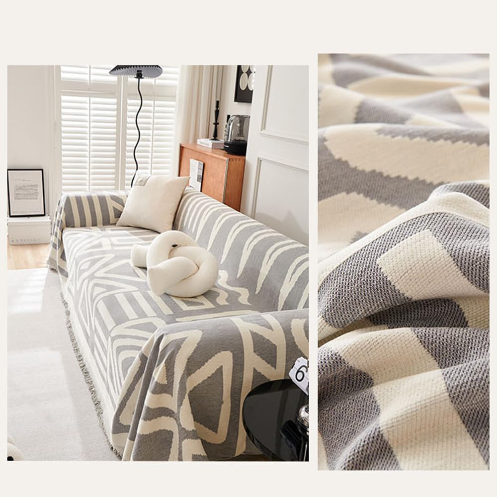 Fansu Funda de sofá Toalla, Multiusos Manta Sofa Plaid para Cama Funda Protectora de Sofás Toalla Cubre Sofà Cubierta de Sofá Cuatro Estaciones para Hogar, Oficina (180x420cm,Gris Bohemio)