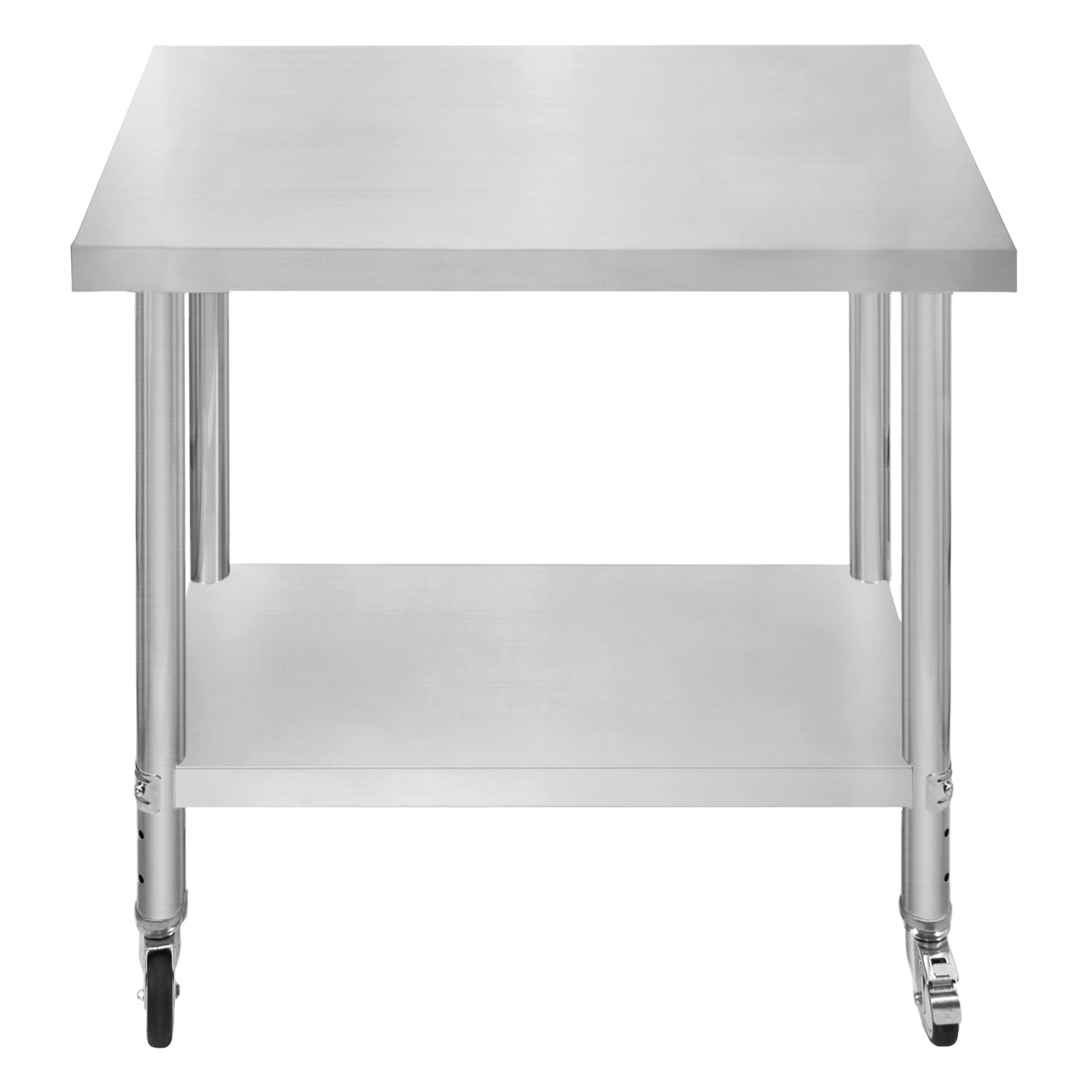 Tavolo da cucina in acciaio inox per la preparazione dei cibi con 4 ruote piroettanti con 2 freni e 4 piedini adattabili Ripiano inferiore regolabile 3 posizioni Portata 160 kg 60cm x 90cm x 86cm