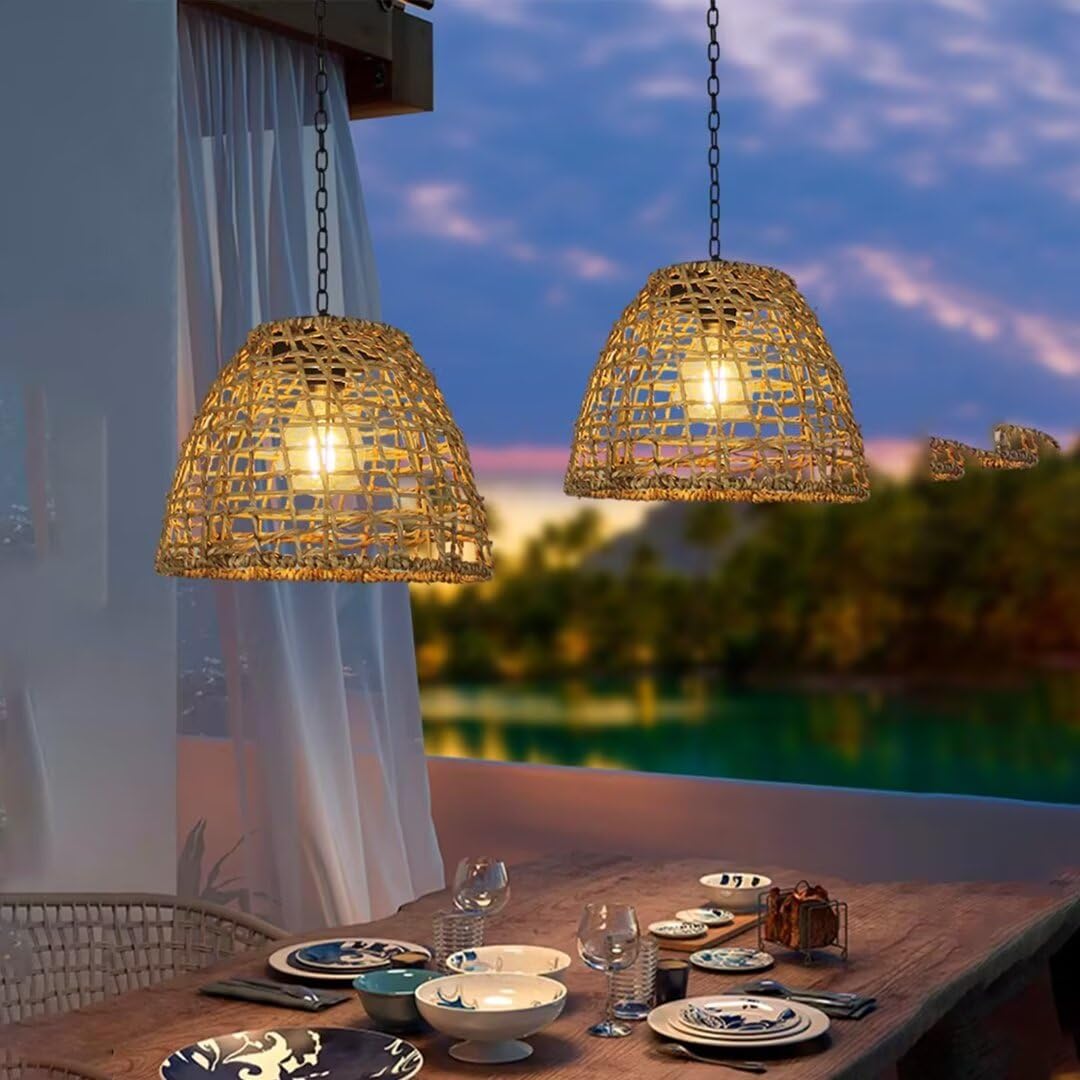 Lámpara Colgante Solar de Tejido de Pastos Marinos - Luz de Jardín y Techo al Aire Libre para Patio y Exterior