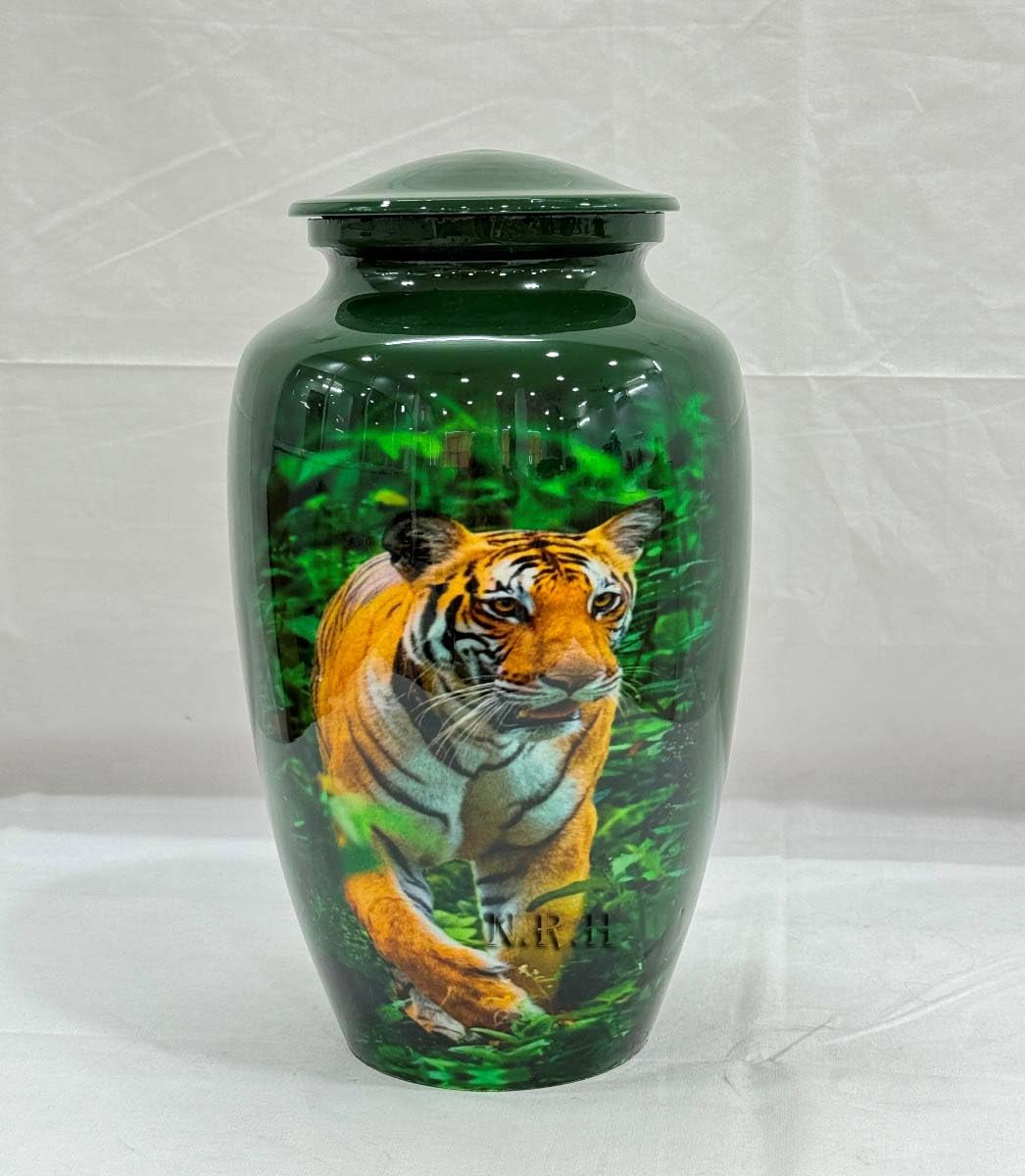 Nautical Replica Hub Green Tiger Urn with Lid, Decorative Wildlife Ashes Urn Jar, Jungle Theme Glossy Finish