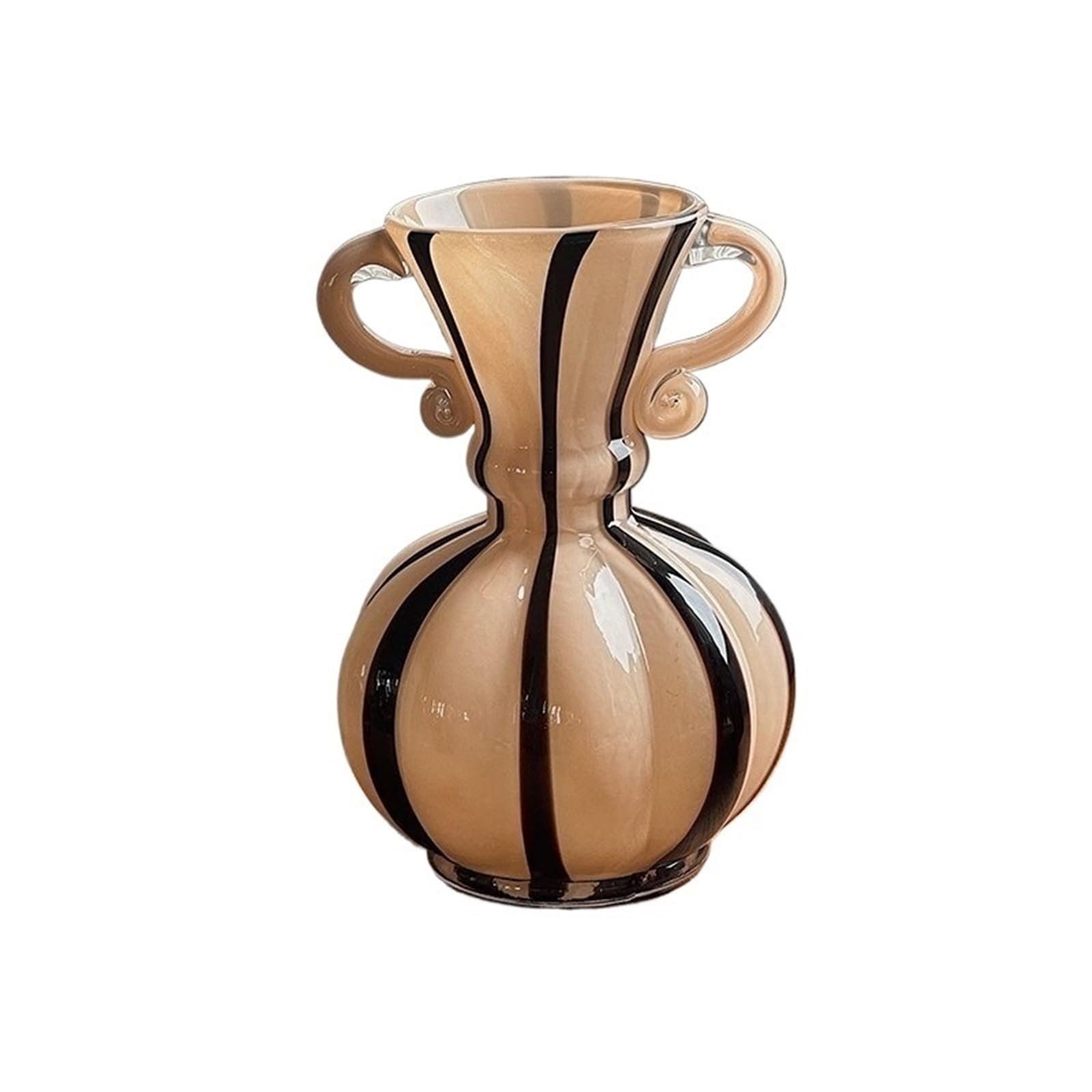 guiling-1986 Vases Decor Retro Beige Black Striped Glass Vase 26cm Tall 17cm Wide with Handles Flower Vases