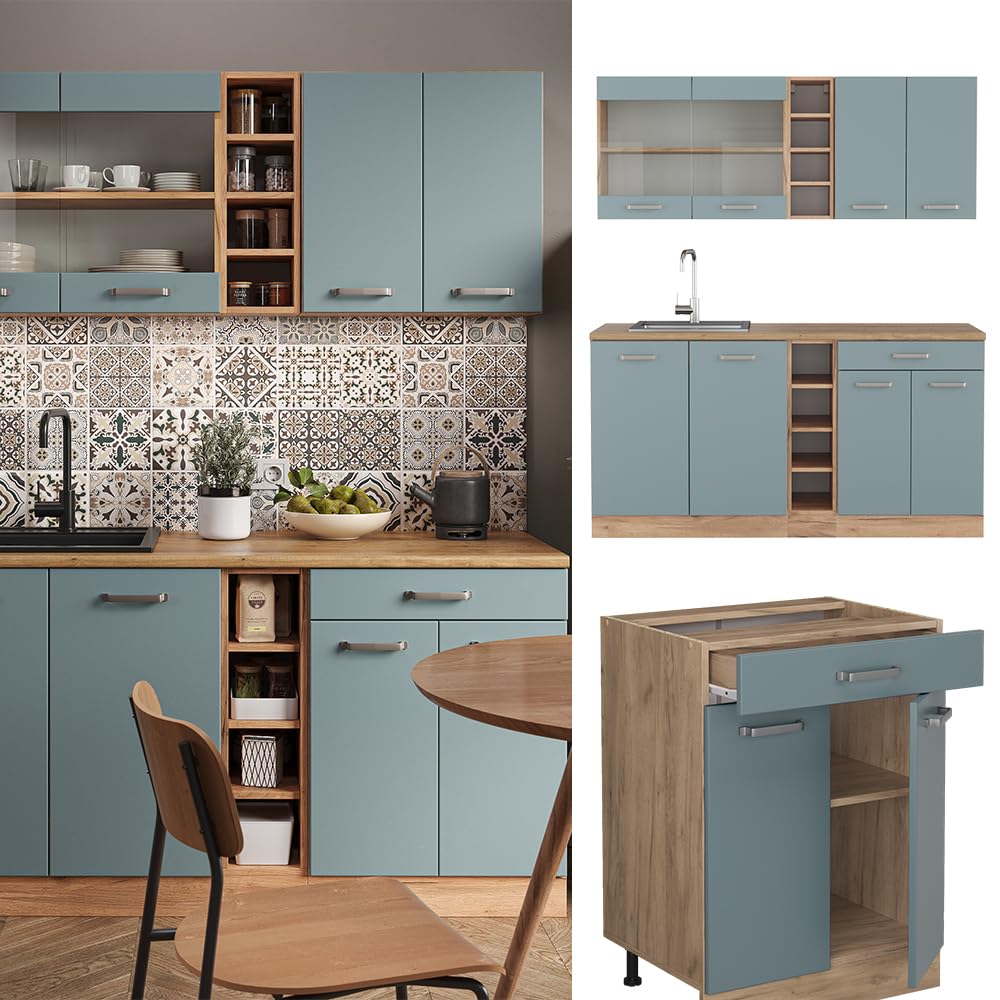 Vicco Cucina monoblocco R-Line, Rovere blu-grigio/oro, 160 cm Senza piano di lavoro, adatto per combinazioni ed espansioni personalizzate