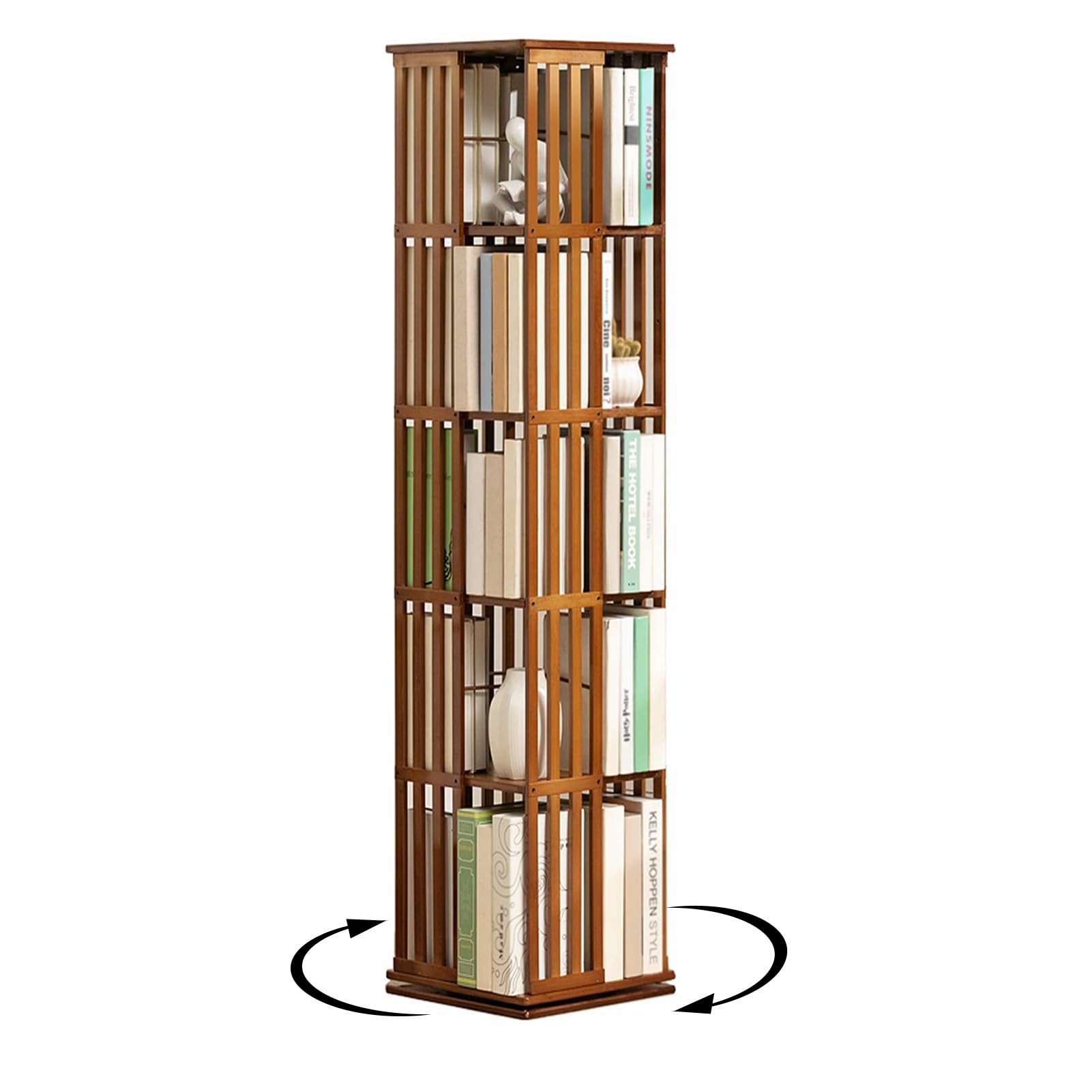 Libreria Girevole in Bambù 360° – Scaffale Rotante Salvaspazio, Mobile Portaoggetti per Camera, Soggiorno o Ufficio (5piani)